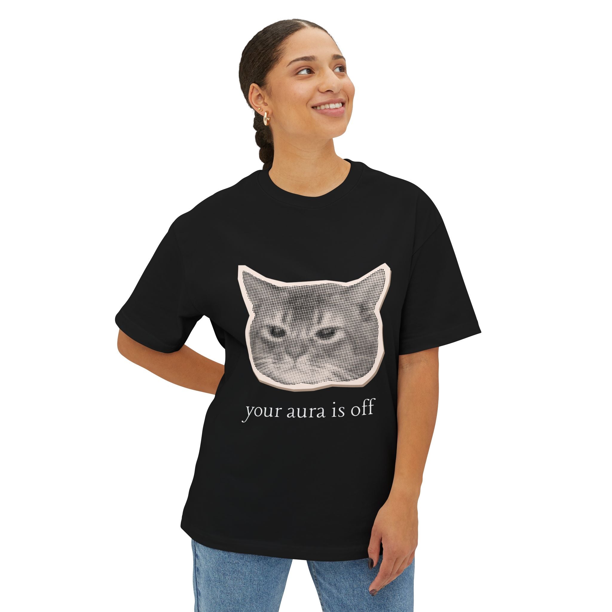 Cat Print Oversized Tee - Funny Your Aura is Off T-Shirt, Unisex Casual Shirt, Gift for Cat Lovers, Quirky Graphic Tee, Relaxed Fit Top