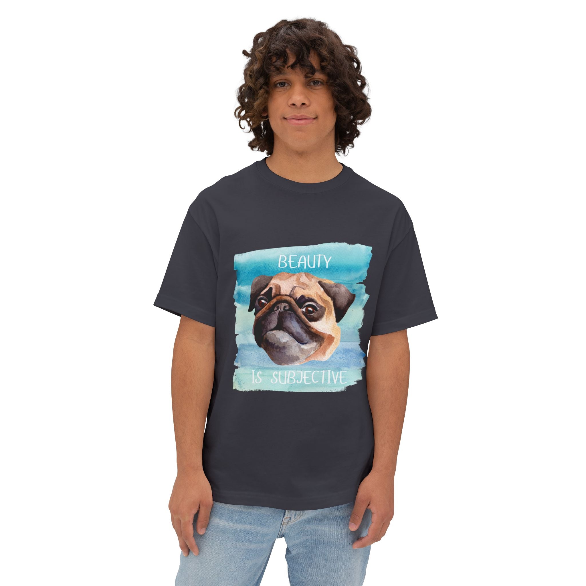 Pug-Inspired Unisex Oversized Tee, "Beauty is Subjective" Graphic Tee, Funny Dog Lover Shirt, Pet Owner Gift, Casual Wear
