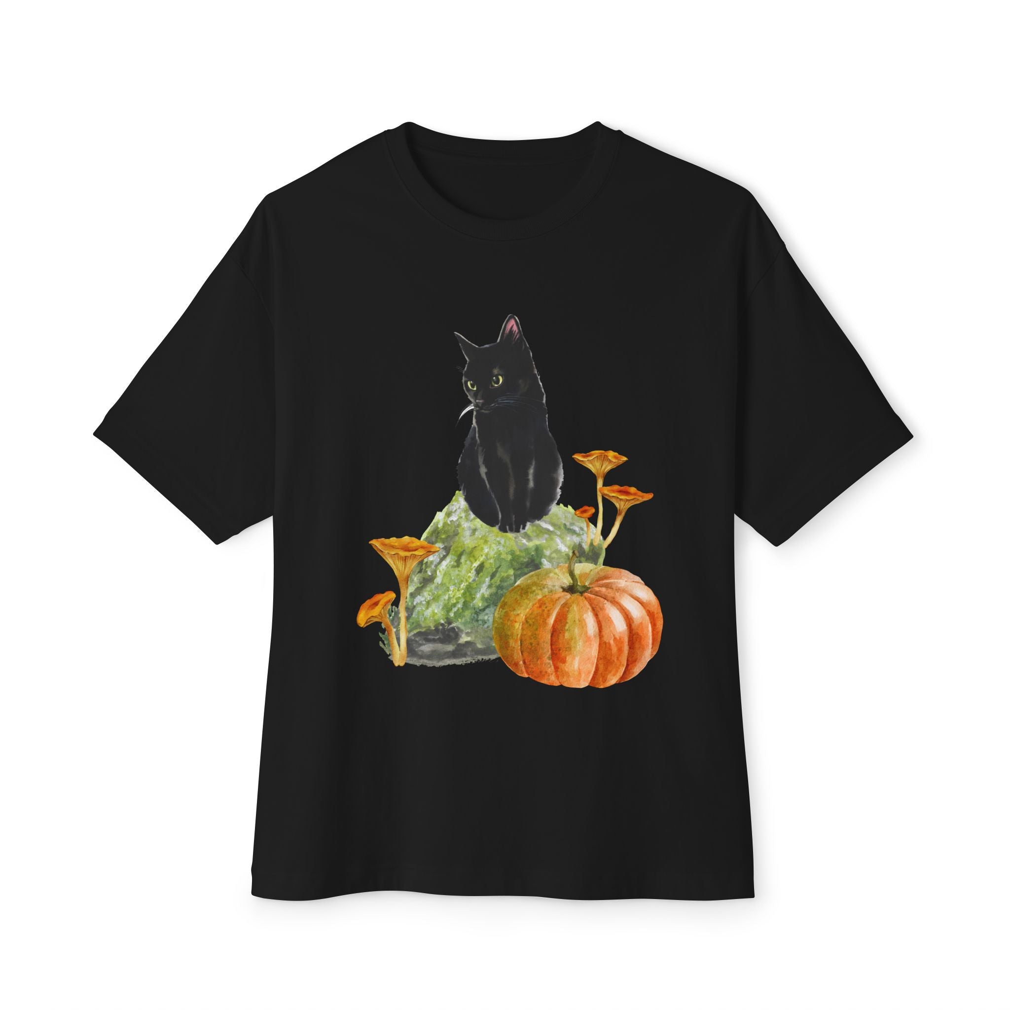 Autumn Cat Oversized Tee, Cozy Fall T-Shirt, Unisex Graphic Tee, Halloween Shirt, Cat Lover Gift