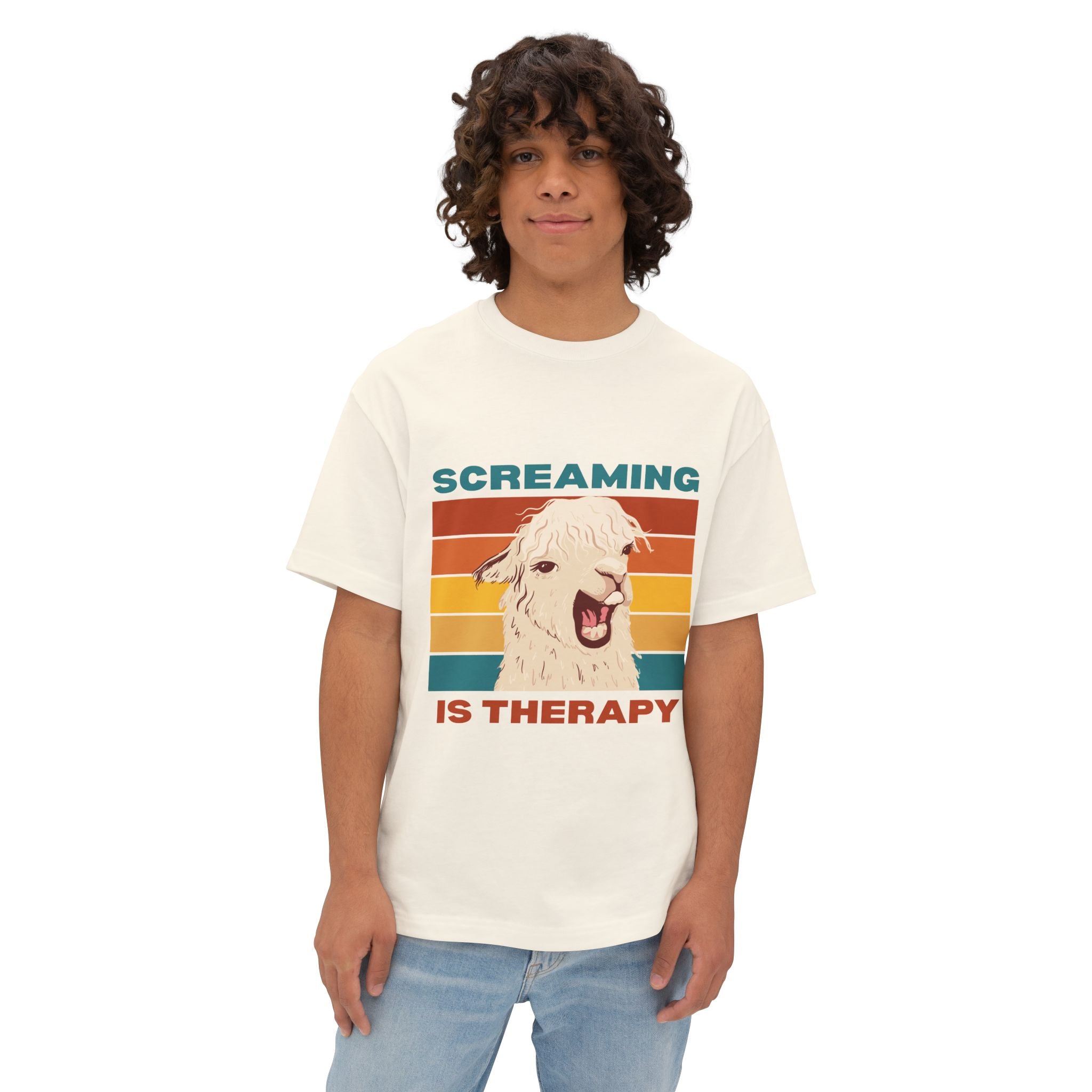 Screaming Is Therapy Tee, Funny T-Shirt, Oversized Boxy Tee, Gift for Friends, Casual Wear, Llama Lover Shirt