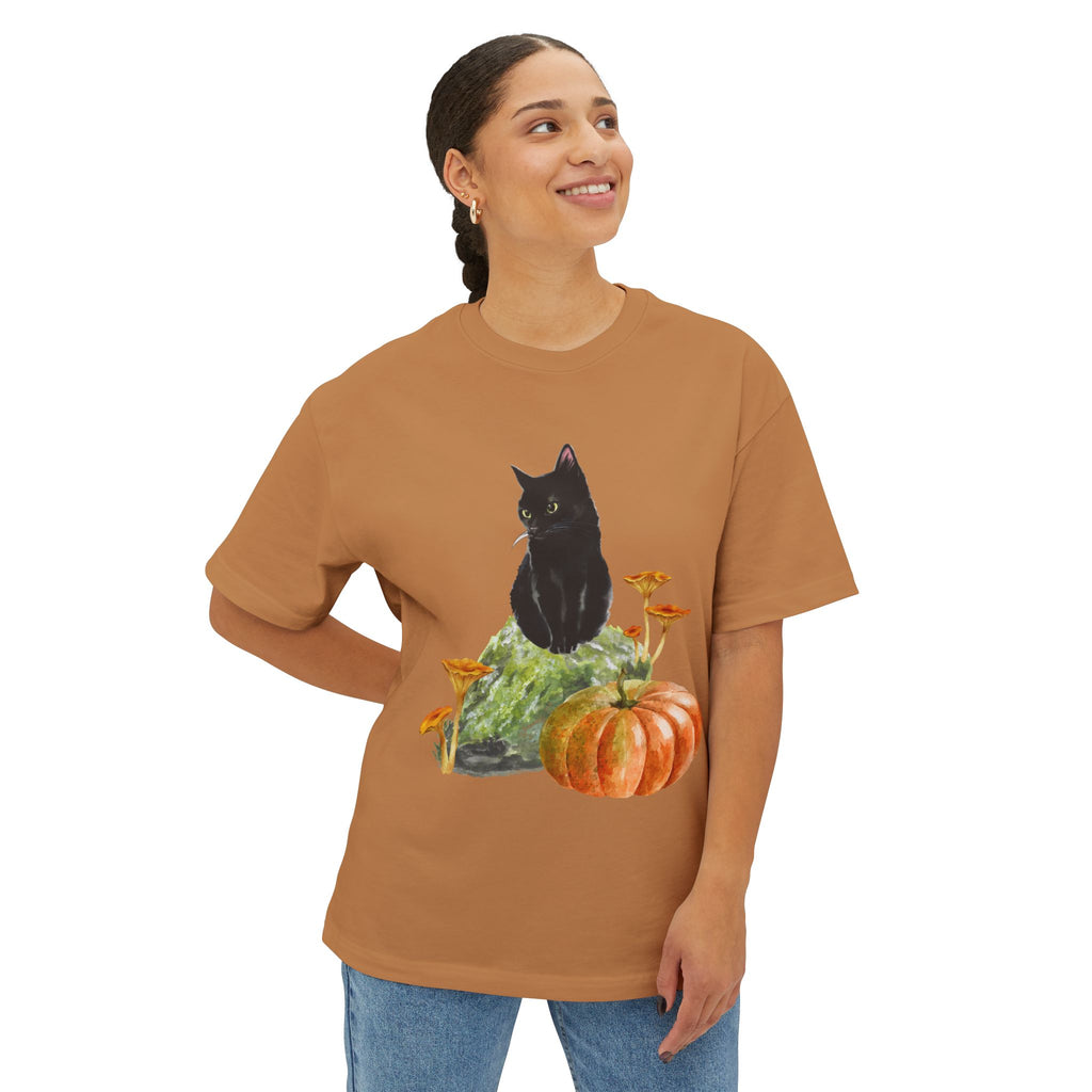 Autumn Cat Oversized Tee, Cozy Fall T-Shirt, Unisex Graphic Tee, Halloween Shirt, Cat Lover Gift