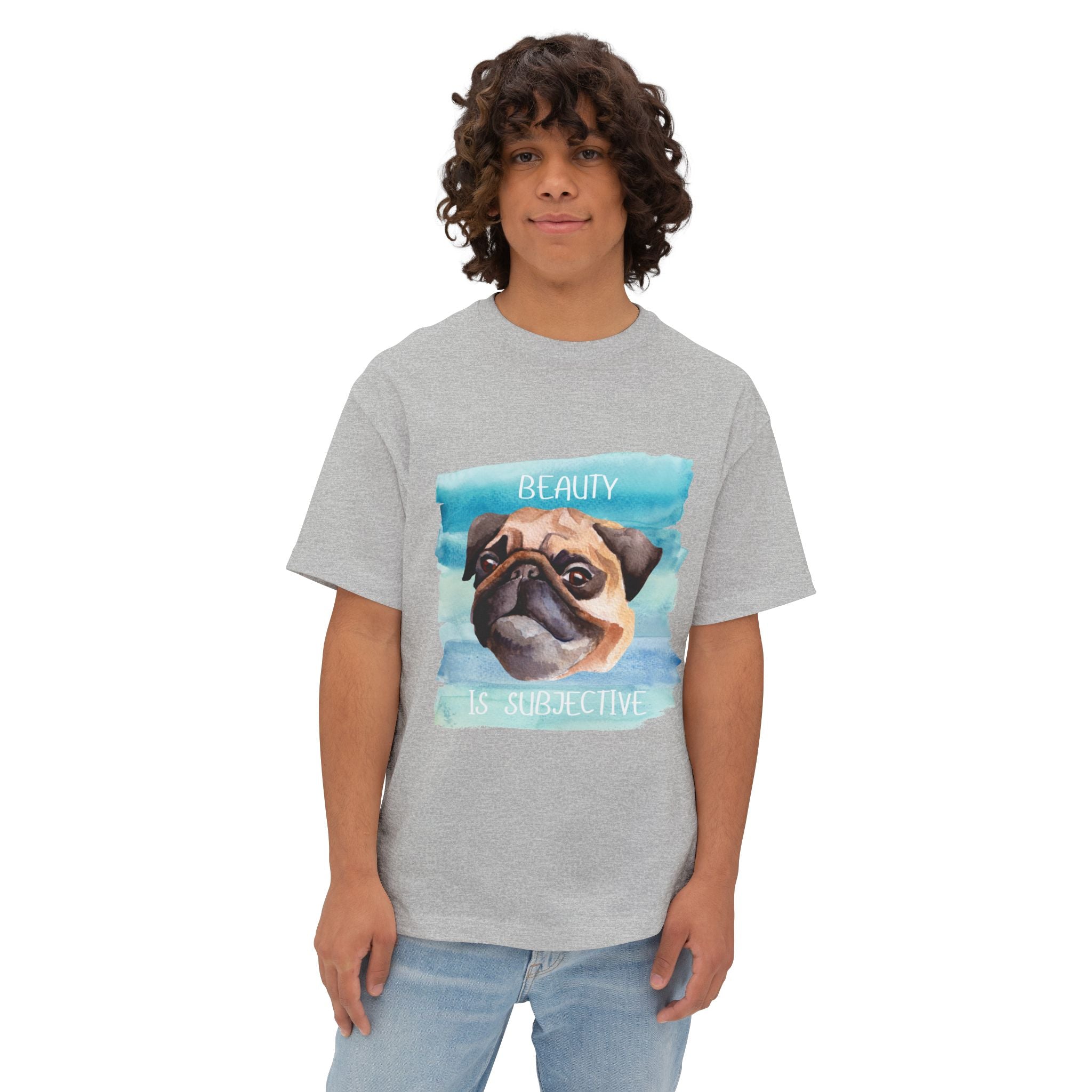 Pug-Inspired Unisex Oversized Tee, "Beauty is Subjective" Graphic Tee, Funny Dog Lover Shirt, Pet Owner Gift, Casual Wear