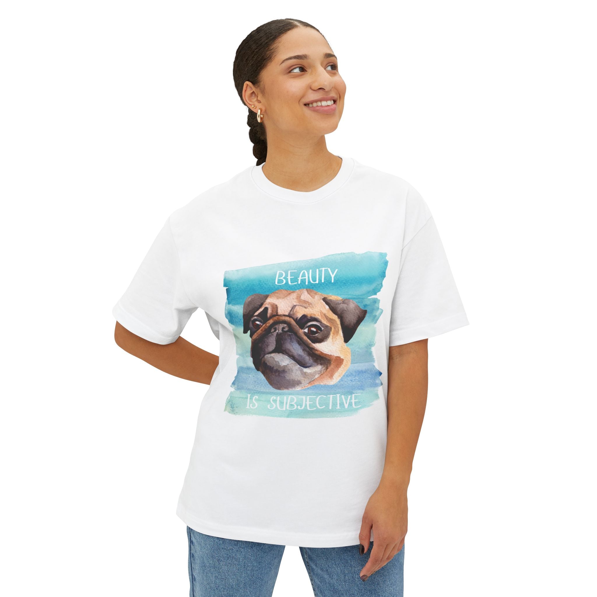 Pug-Inspired Unisex Oversized Tee, "Beauty is Subjective" Graphic Tee, Funny Dog Lover Shirt, Pet Owner Gift, Casual Wear