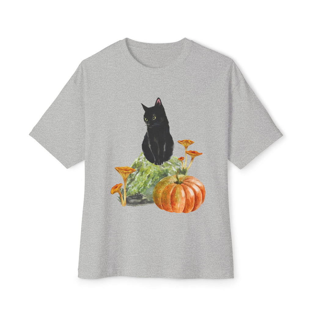 Autumn Cat Oversized Tee, Cozy Fall T-Shirt, Unisex Graphic Tee, Halloween Shirt, Cat Lover Gift