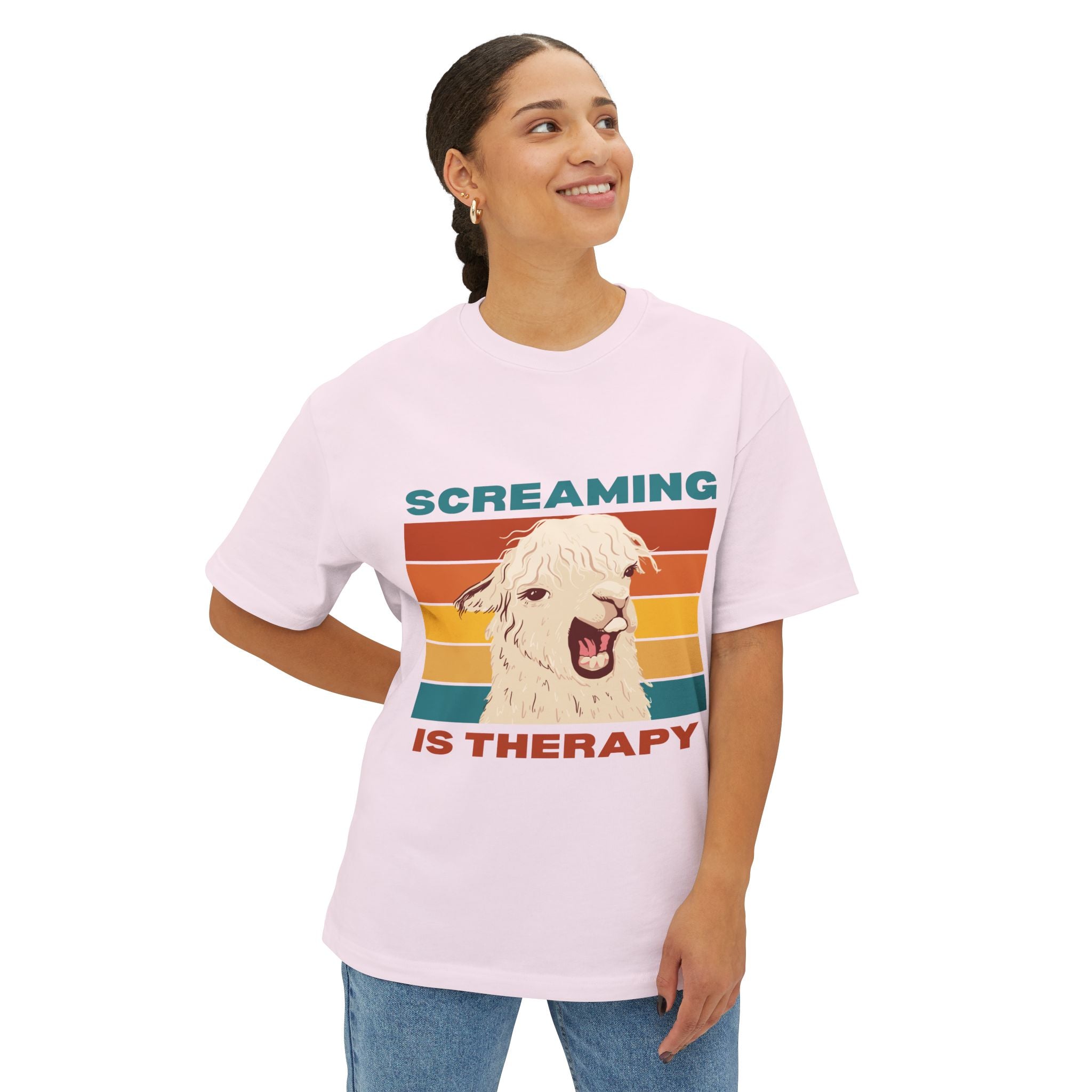 Screaming Is Therapy Tee, Funny T-Shirt, Oversized Boxy Tee, Gift for Friends, Casual Wear, Llama Lover Shirt