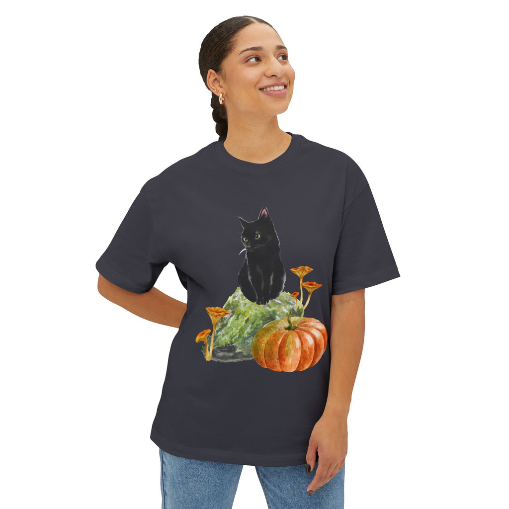 Autumn Cat Oversized Tee, Cozy Fall T-Shirt, Unisex Graphic Tee, Halloween Shirt, Cat Lover Gift