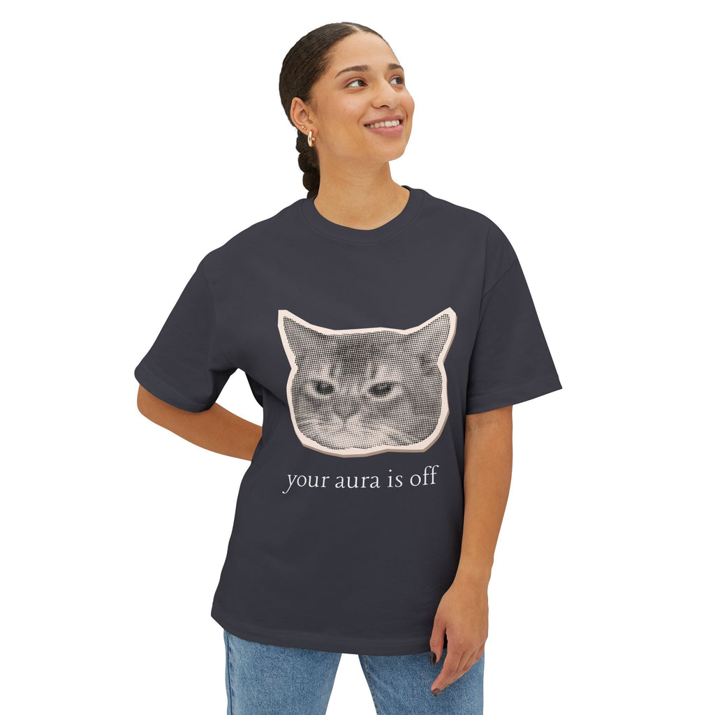 Cat Print Oversized Tee - Funny Your Aura is Off T-Shirt, Unisex Casual Shirt, Gift for Cat Lovers, Quirky Graphic Tee, Relaxed Fit Top