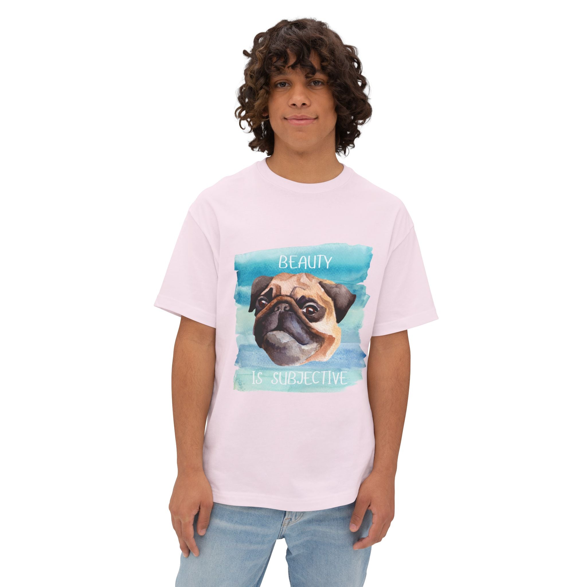 Pug-Inspired Unisex Oversized Tee, "Beauty is Subjective" Graphic Tee, Funny Dog Lover Shirt, Pet Owner Gift, Casual Wear