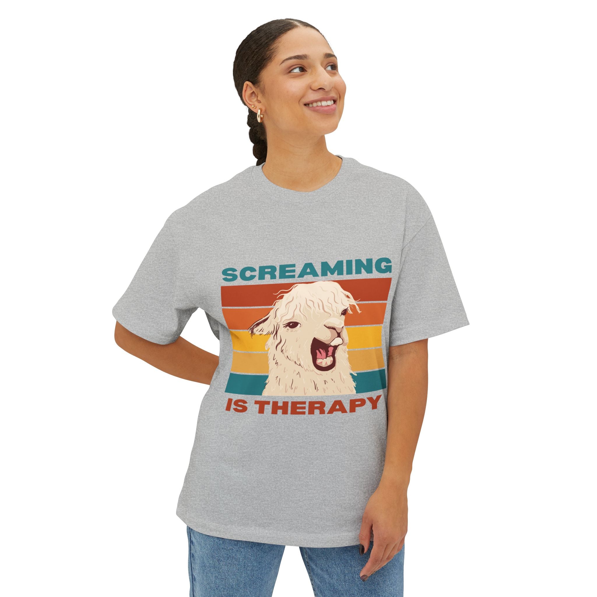 Screaming Is Therapy Tee, Funny T-Shirt, Oversized Boxy Tee, Gift for Friends, Casual Wear, Llama Lover Shirt