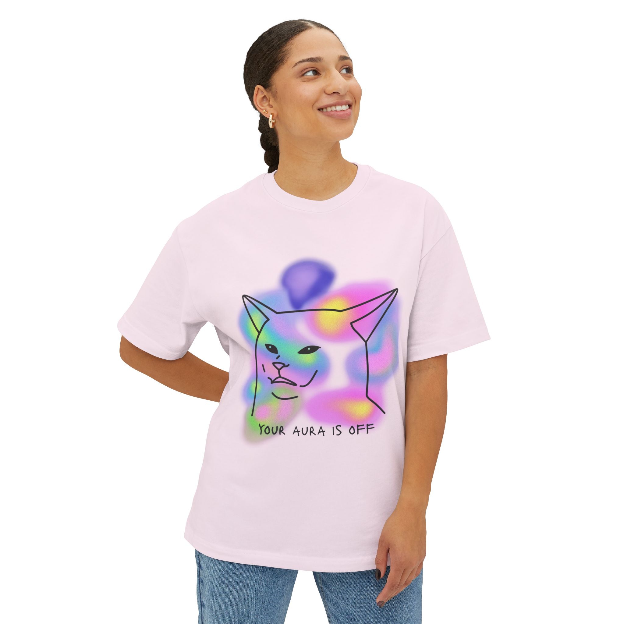 Colorful Cat Aura Graphic Tee - Unisex Oversized Boxy T-Shirt, Fun Gift for Cat Lovers, Casual Wear, Lounge Shirt, Quirky Animal Tee