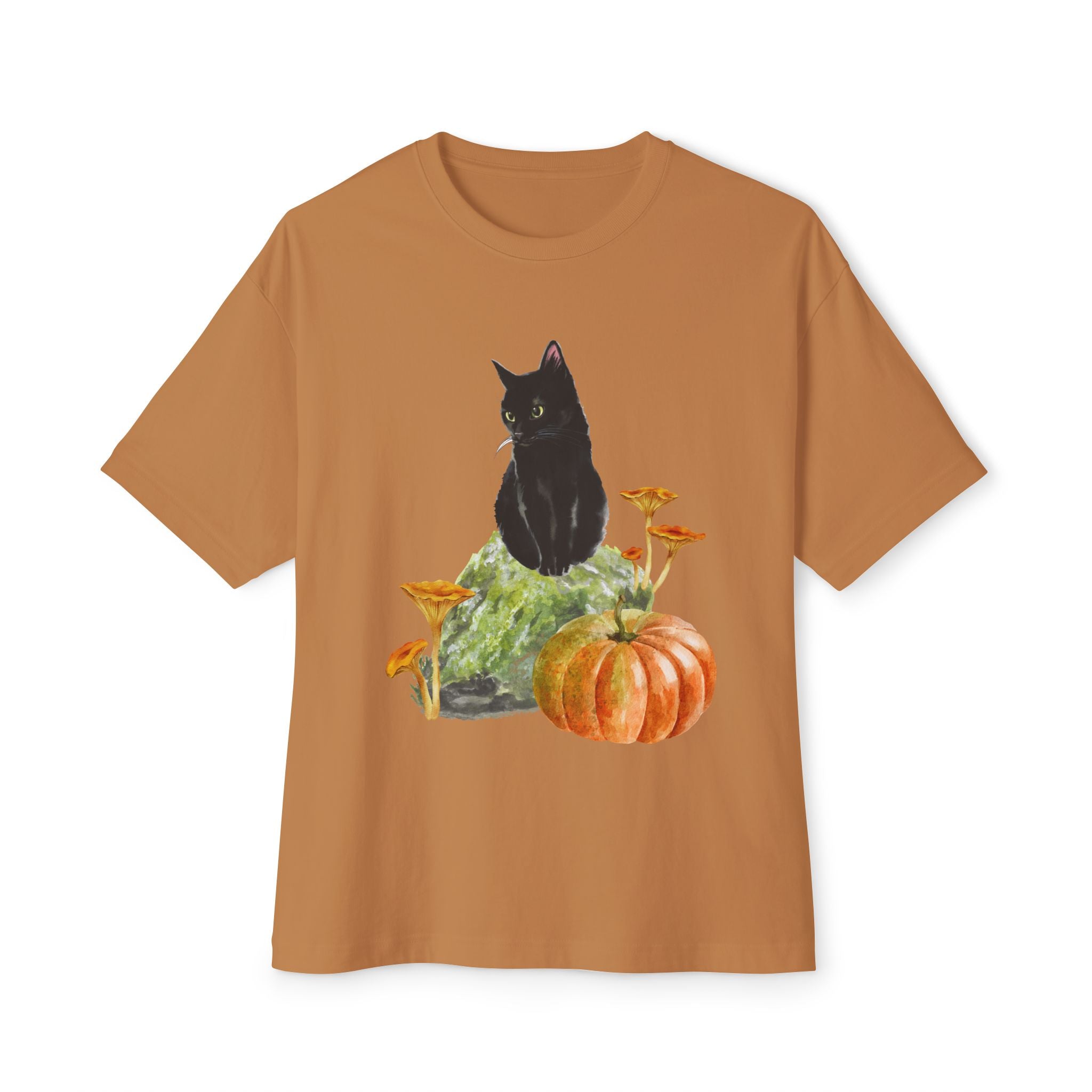 Autumn Cat Oversized Tee, Cozy Fall T-Shirt, Unisex Graphic Tee, Halloween Shirt, Cat Lover Gift
