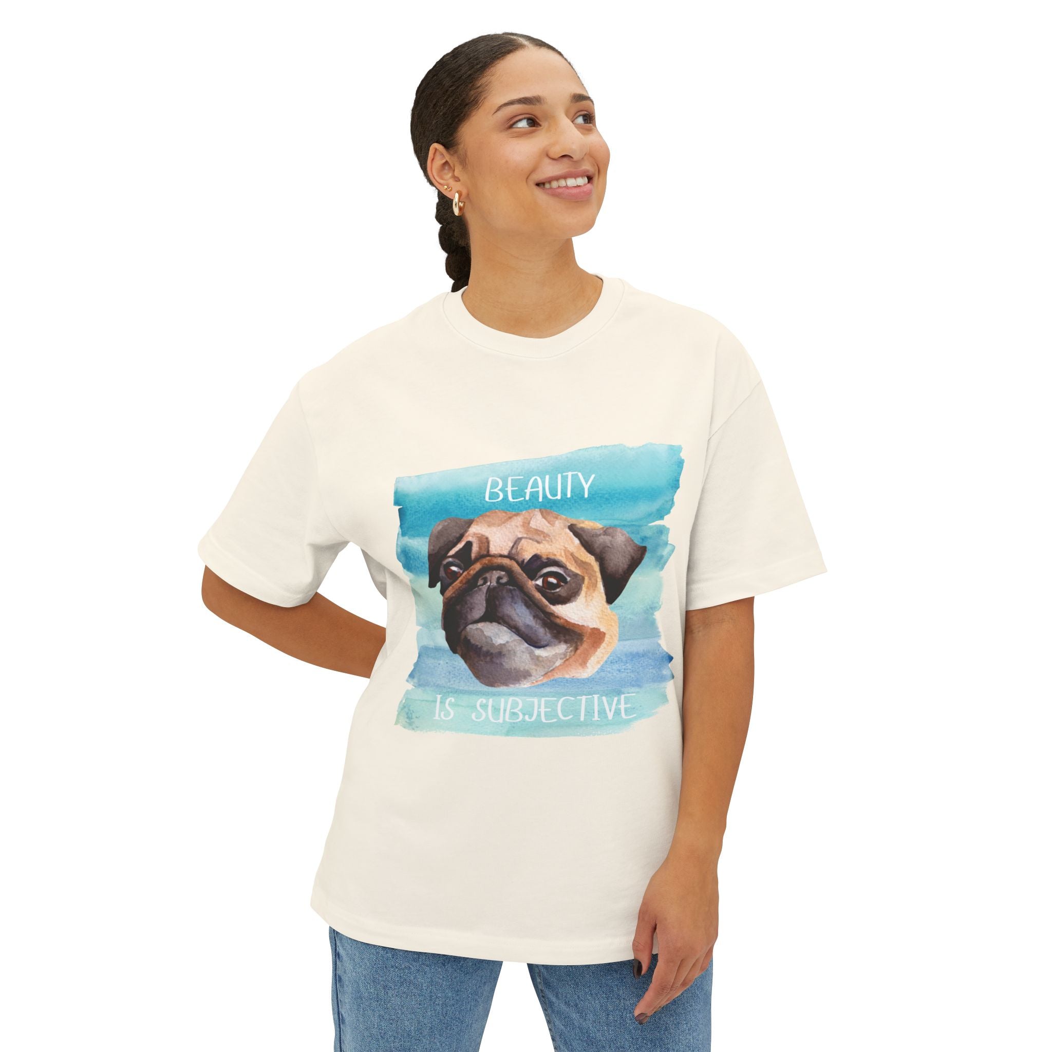 Pug-Inspired Unisex Oversized Tee, "Beauty is Subjective" Graphic Tee, Funny Dog Lover Shirt, Pet Owner Gift, Casual Wear