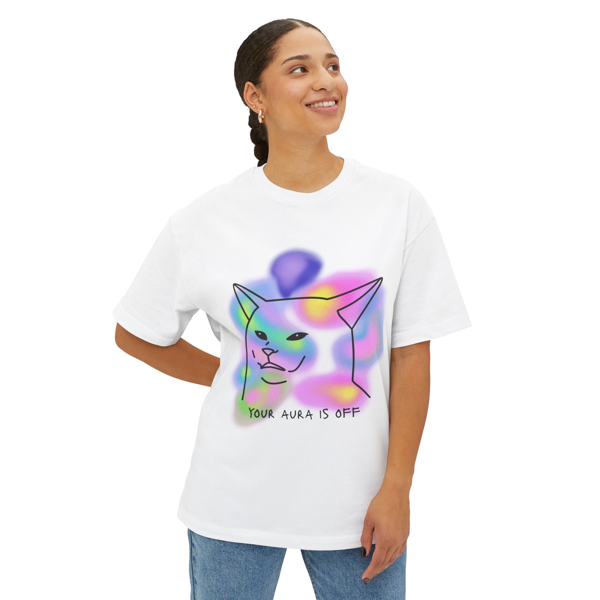 Colorful Cat Aura Graphic Tee - Unisex Oversized Boxy T-Shirt, Fun Gift for Cat Lovers, Casual Wear, Lounge Shirt, Quirky Animal Tee