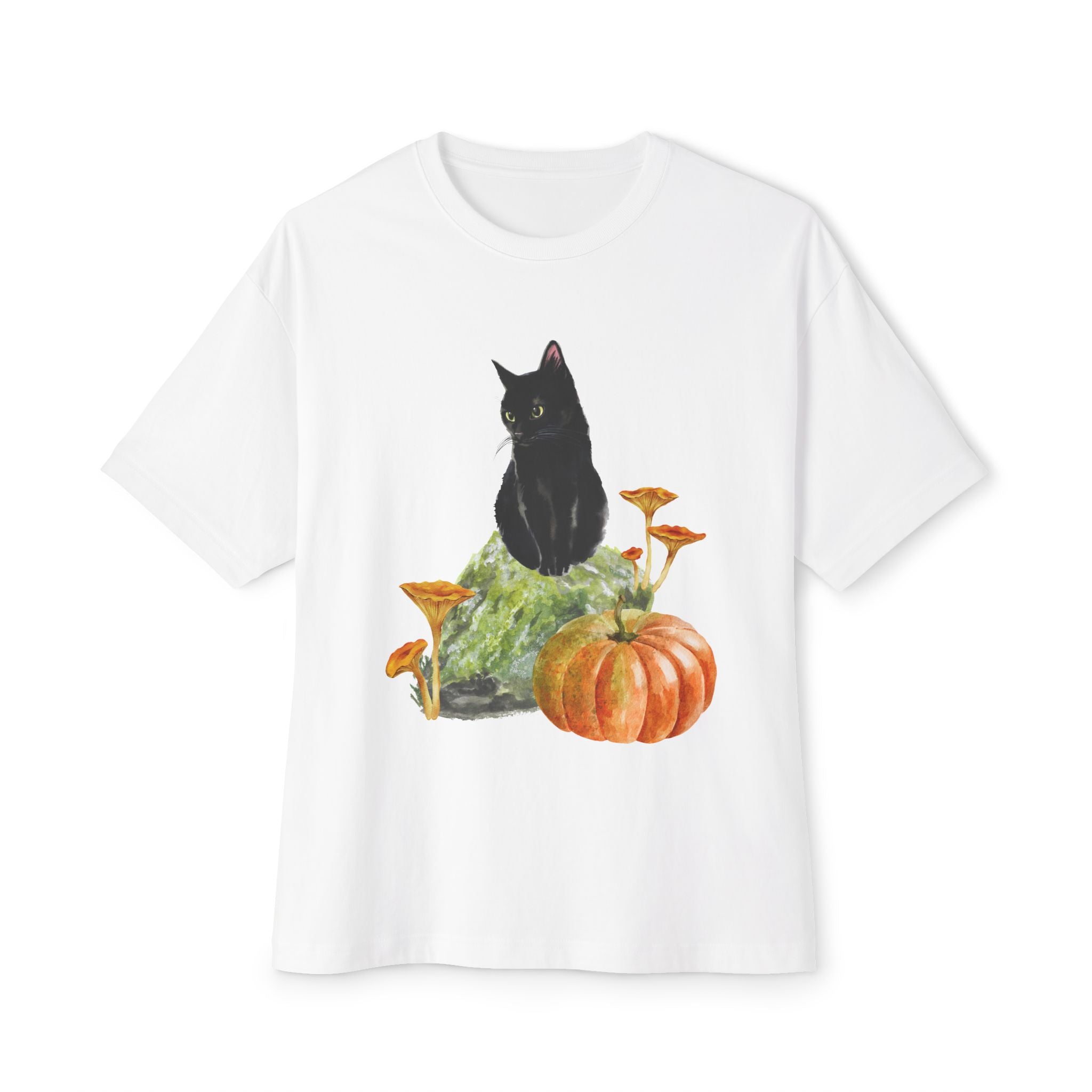 Autumn Cat Oversized Tee, Cozy Fall T-Shirt, Unisex Graphic Tee, Halloween Shirt, Cat Lover Gift