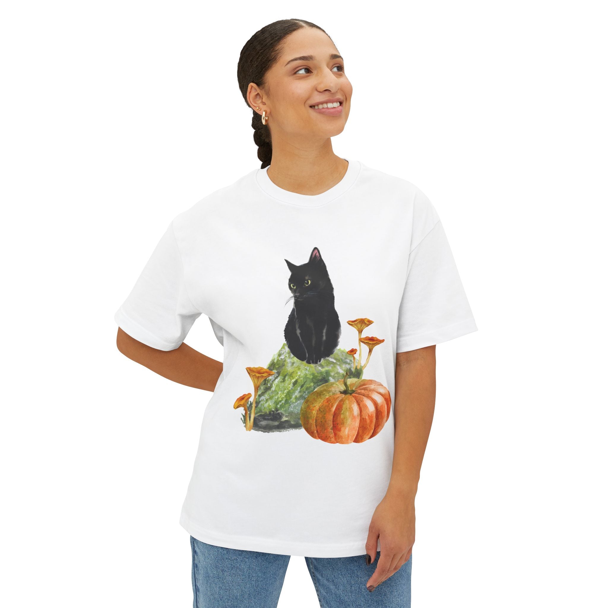 Autumn Cat Oversized Tee, Cozy Fall T-Shirt, Unisex Graphic Tee, Halloween Shirt, Cat Lover Gift