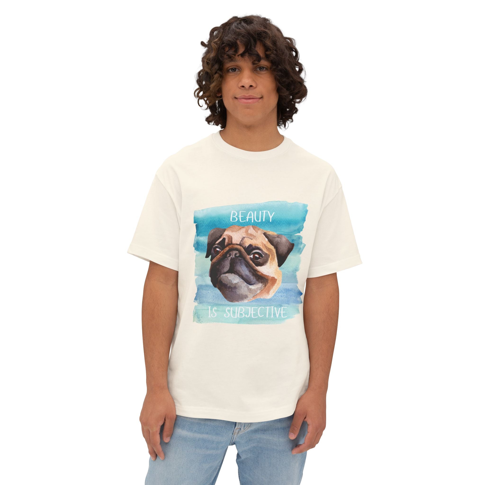 Pug-Inspired Unisex Oversized Tee, "Beauty is Subjective" Graphic Tee, Funny Dog Lover Shirt, Pet Owner Gift, Casual Wear