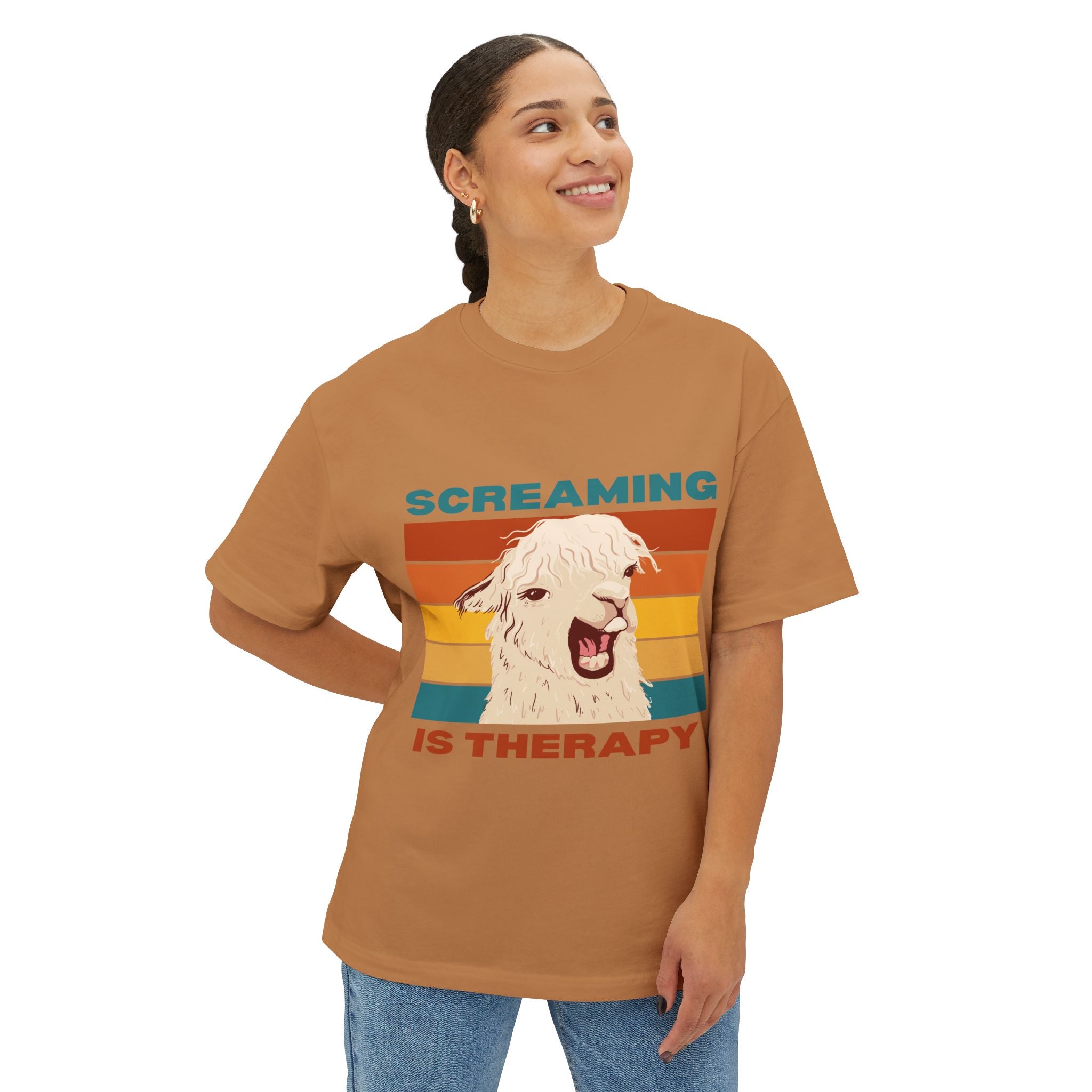 Screaming Is Therapy Tee, Funny T-Shirt, Oversized Boxy Tee, Gift for Friends, Casual Wear, Llama Lover Shirt