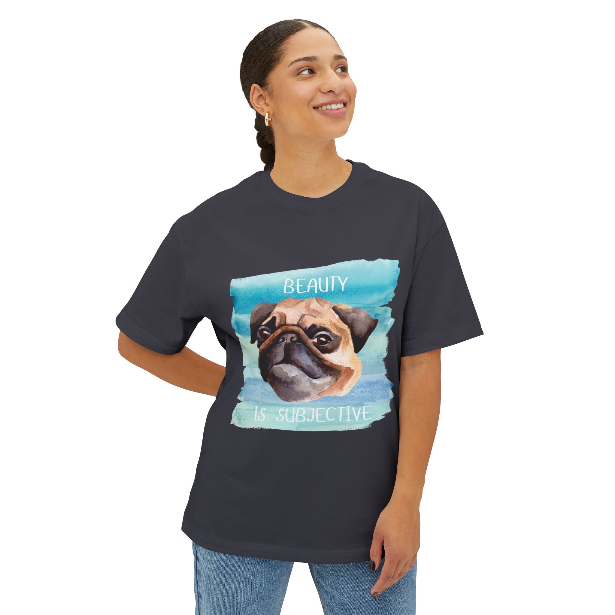 Pug-Inspired Unisex Oversized Tee, "Beauty is Subjective" Graphic Tee, Funny Dog Lover Shirt, Pet Owner Gift, Casual Wear