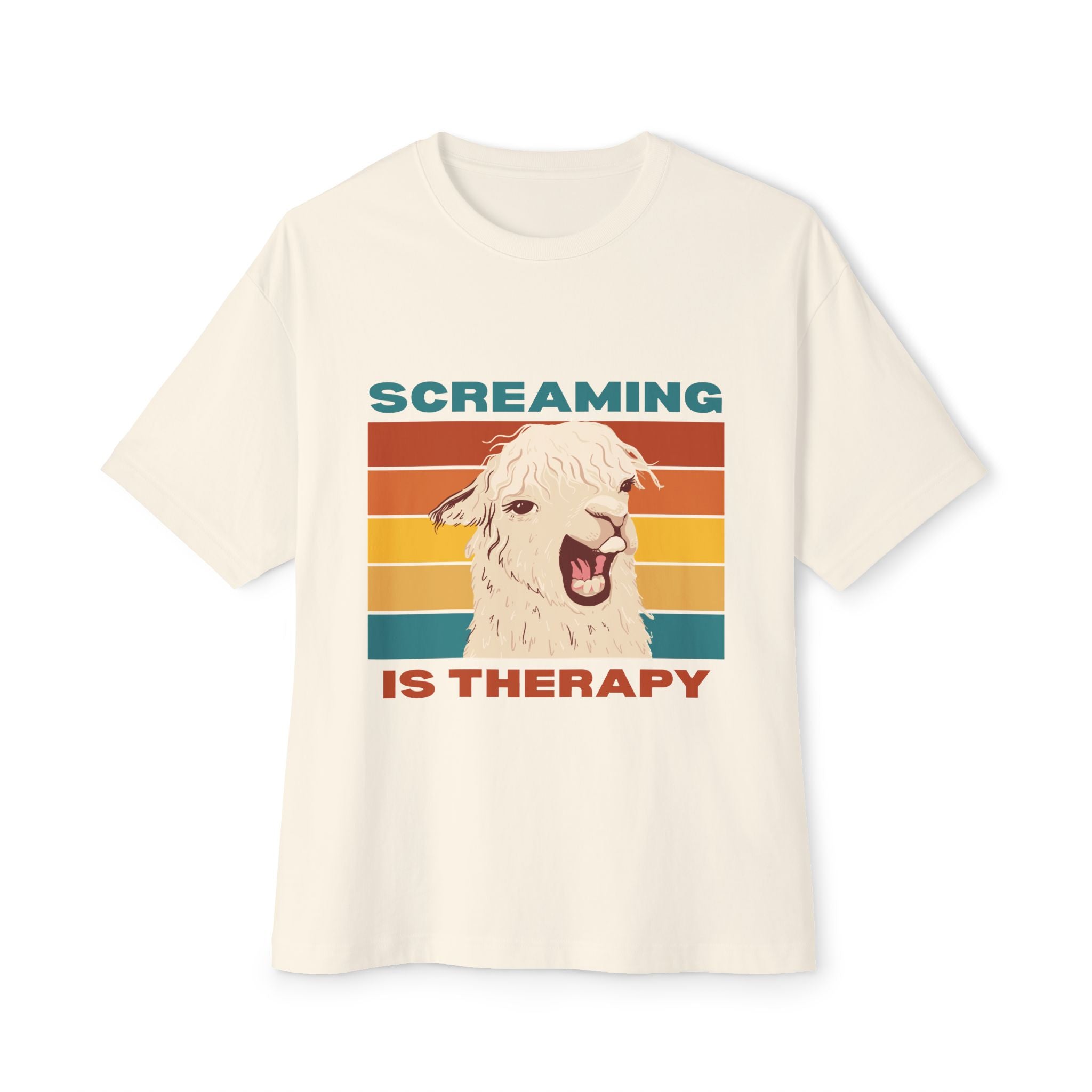 Screaming Is Therapy Tee, Funny T-Shirt, Oversized Boxy Tee, Gift for Friends, Casual Wear, Llama Lover Shirt