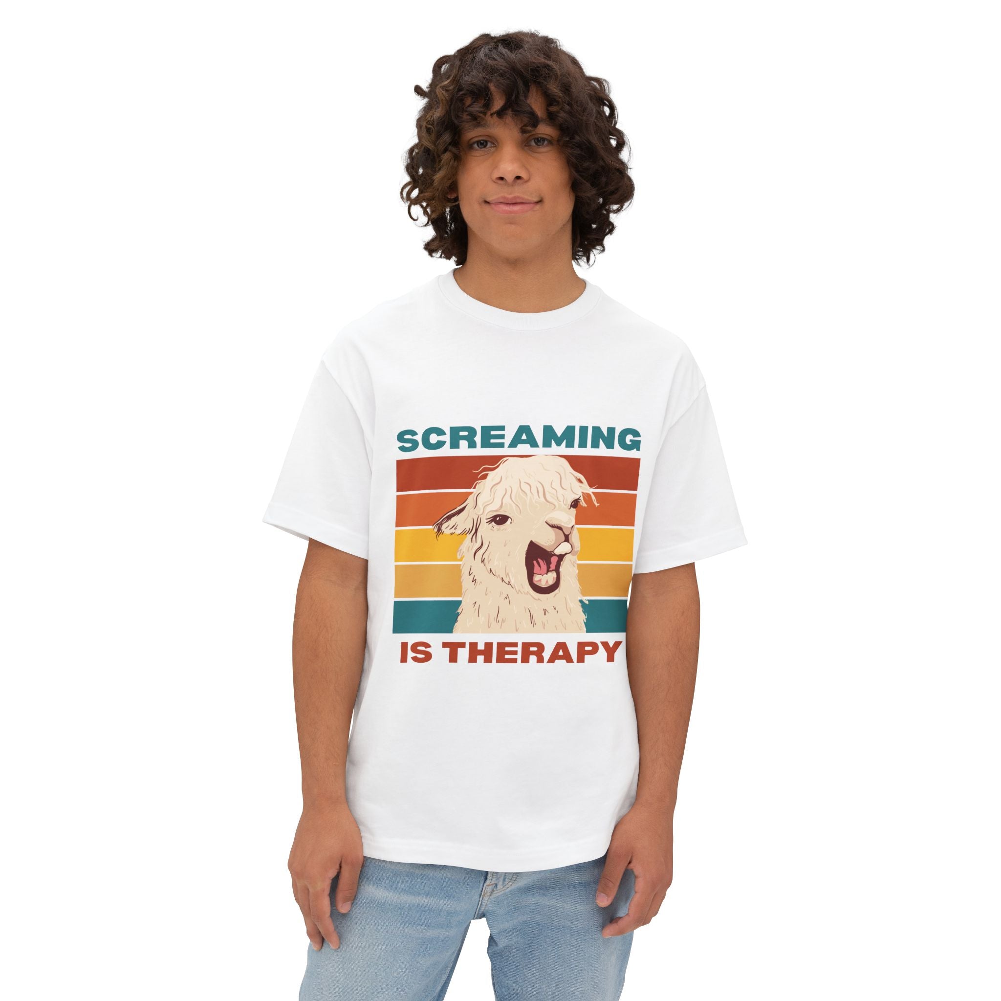 Screaming Is Therapy Tee, Funny T-Shirt, Oversized Boxy Tee, Gift for Friends, Casual Wear, Llama Lover Shirt