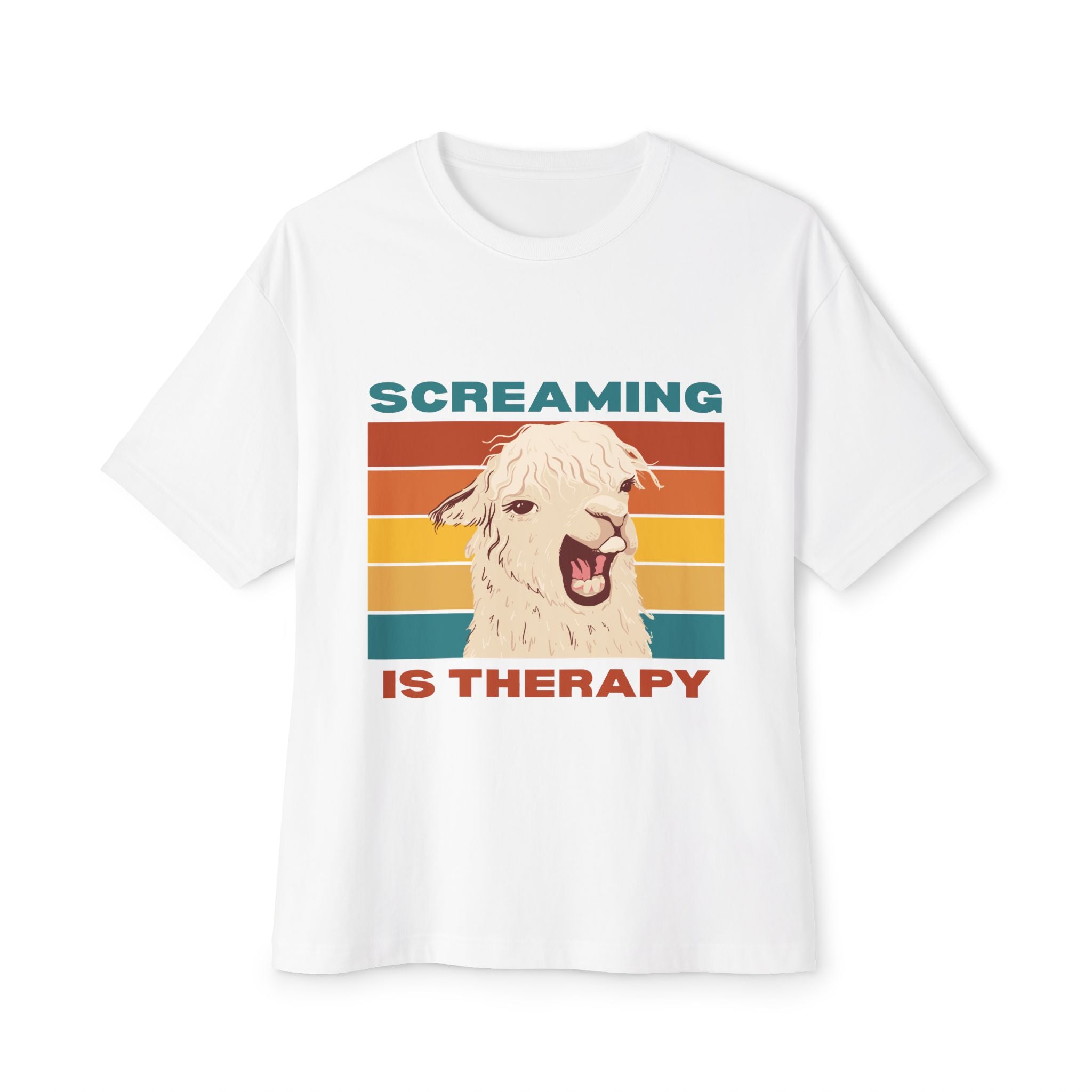 Screaming Is Therapy Tee, Funny T-Shirt, Oversized Boxy Tee, Gift for Friends, Casual Wear, Llama Lover Shirt