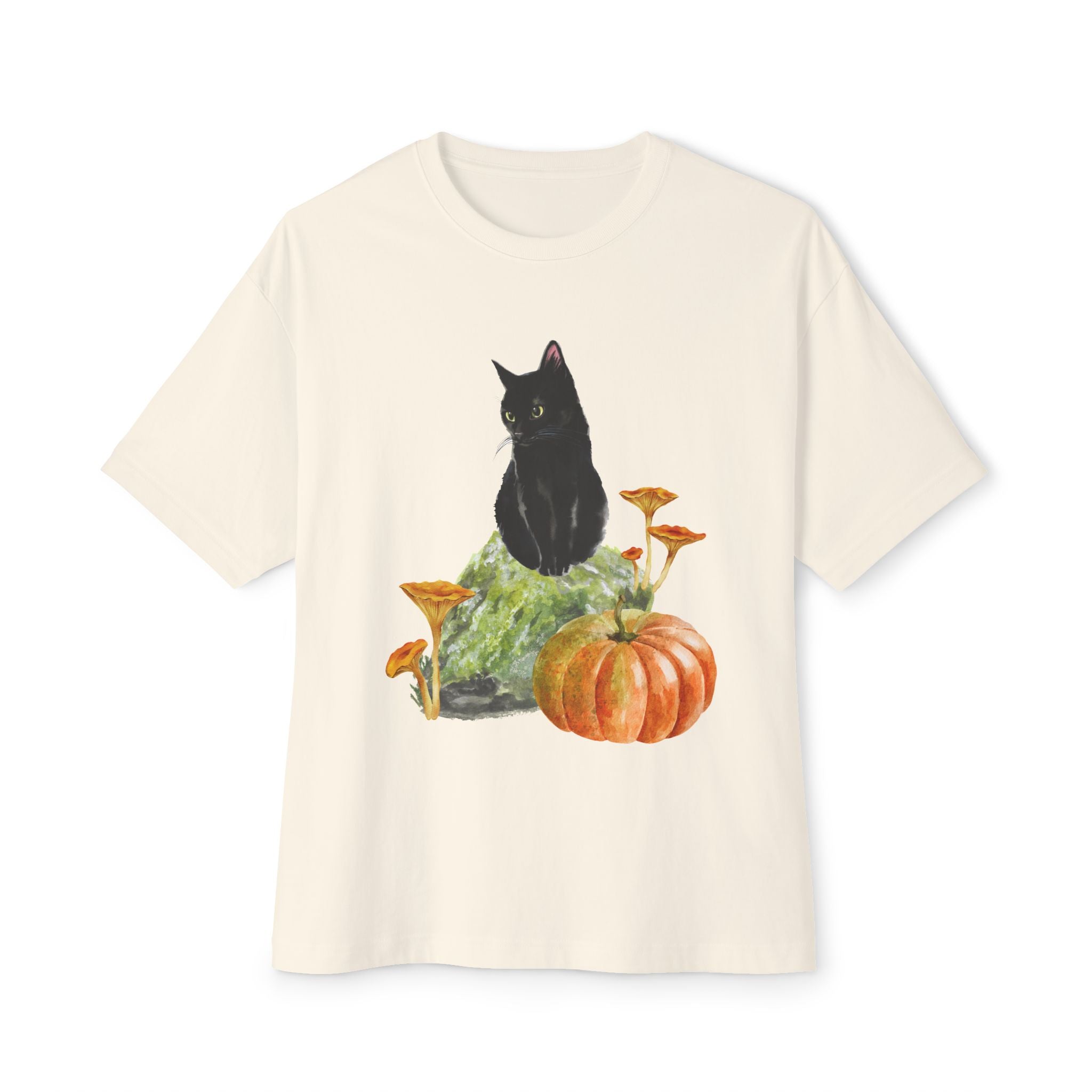 Autumn Cat Oversized Tee, Cozy Fall T-Shirt, Unisex Graphic Tee, Halloween Shirt, Cat Lover Gift