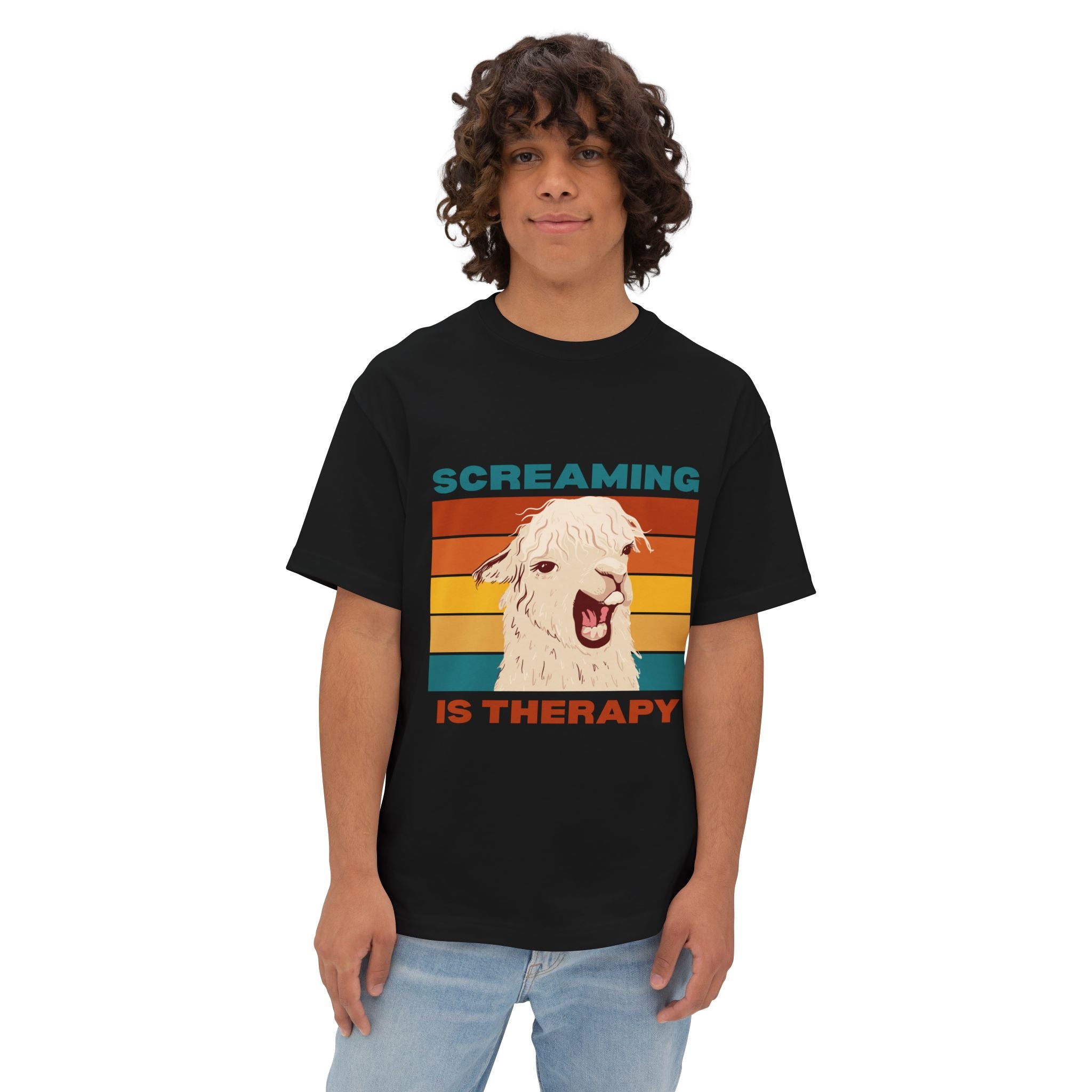 Screaming Is Therapy Tee, Funny T-Shirt, Oversized Boxy Tee, Gift for Friends, Casual Wear, Llama Lover Shirt