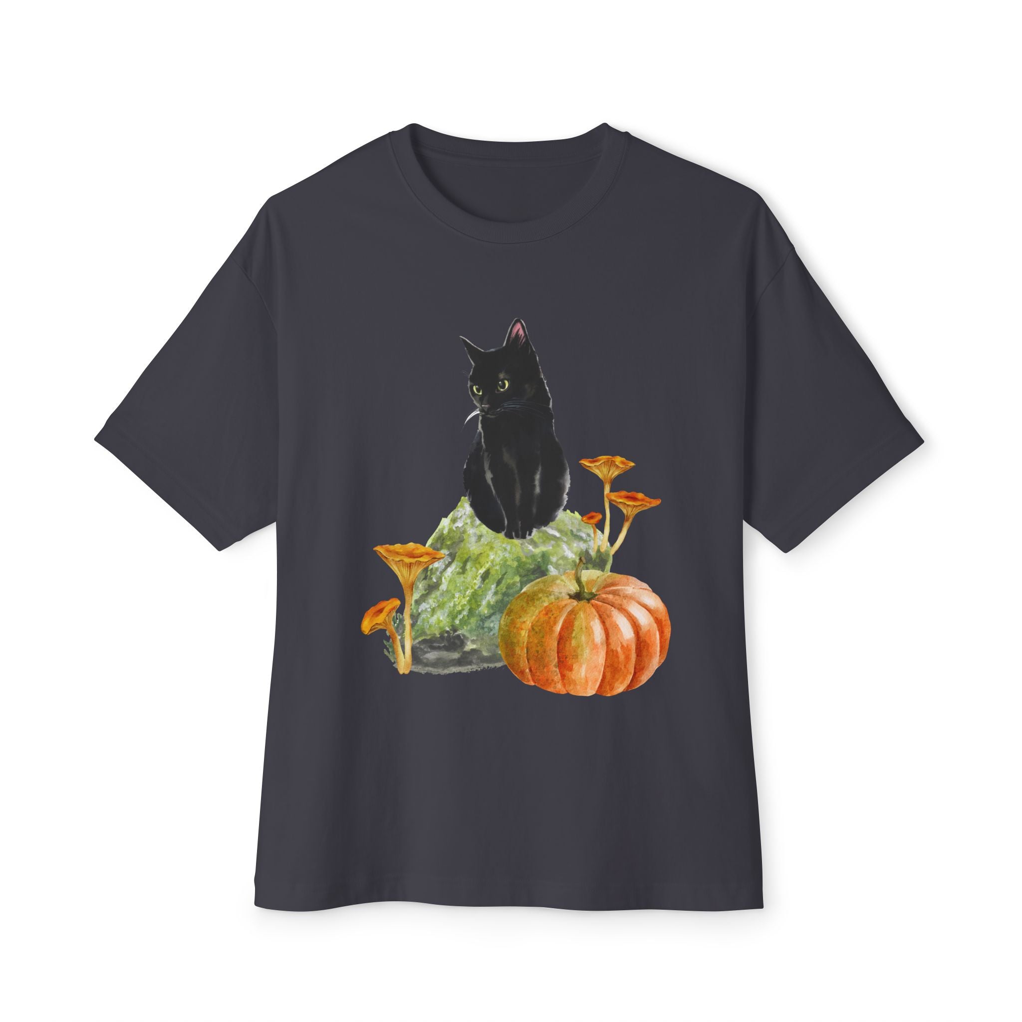 Autumn Cat Oversized Tee, Cozy Fall T-Shirt, Unisex Graphic Tee, Halloween Shirt, Cat Lover Gift