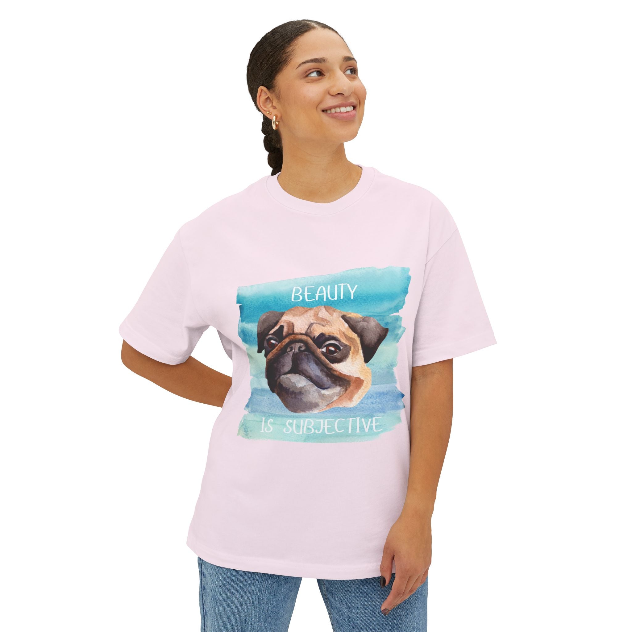 Pug-Inspired Unisex Oversized Tee, "Beauty is Subjective" Graphic Tee, Funny Dog Lover Shirt, Pet Owner Gift, Casual Wear