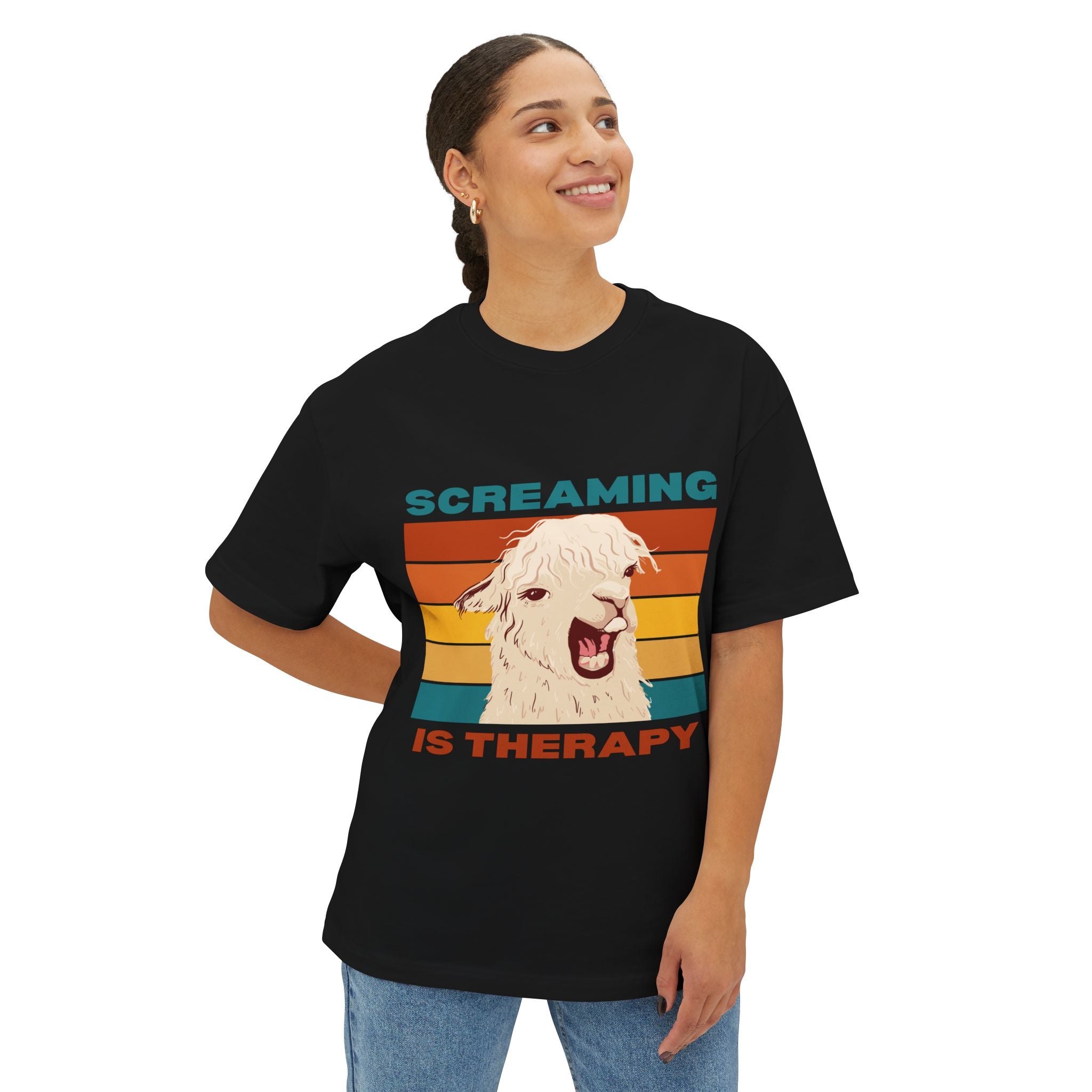 Screaming Is Therapy Tee, Funny T-Shirt, Oversized Boxy Tee, Gift for Friends, Casual Wear, Llama Lover Shirt