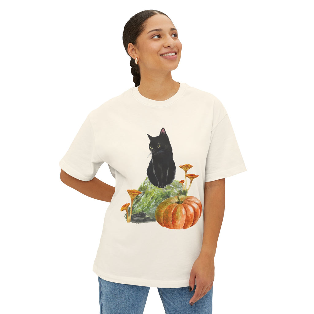 Autumn Cat Oversized Tee, Cozy Fall T-Shirt, Unisex Graphic Tee, Halloween Shirt, Cat Lover Gift