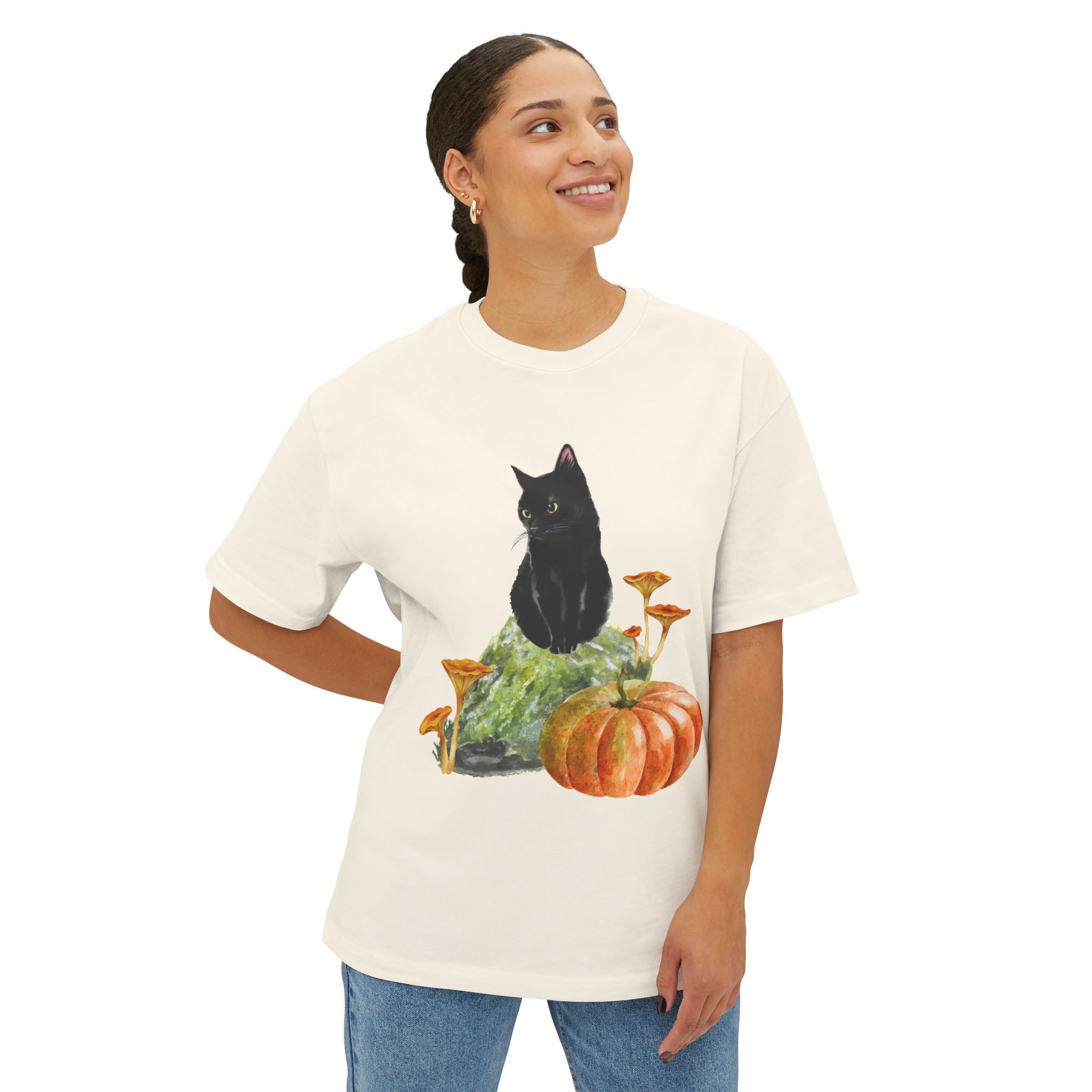 Autumn Cat Oversized Tee, Cozy Fall T-Shirt, Unisex Graphic Tee, Halloween Shirt, Cat Lover Gift