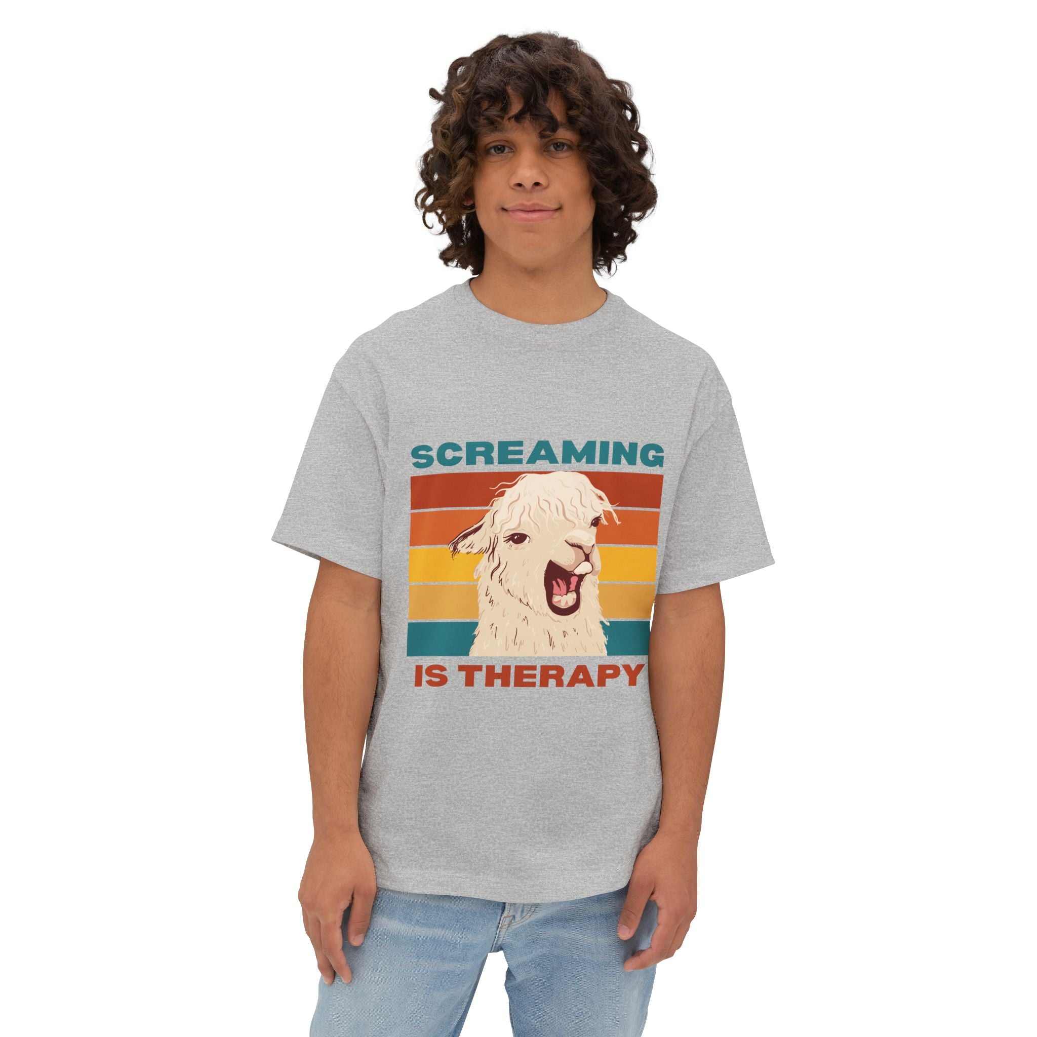 Screaming Is Therapy Tee, Funny T-Shirt, Oversized Boxy Tee, Gift for Friends, Casual Wear, Llama Lover Shirt