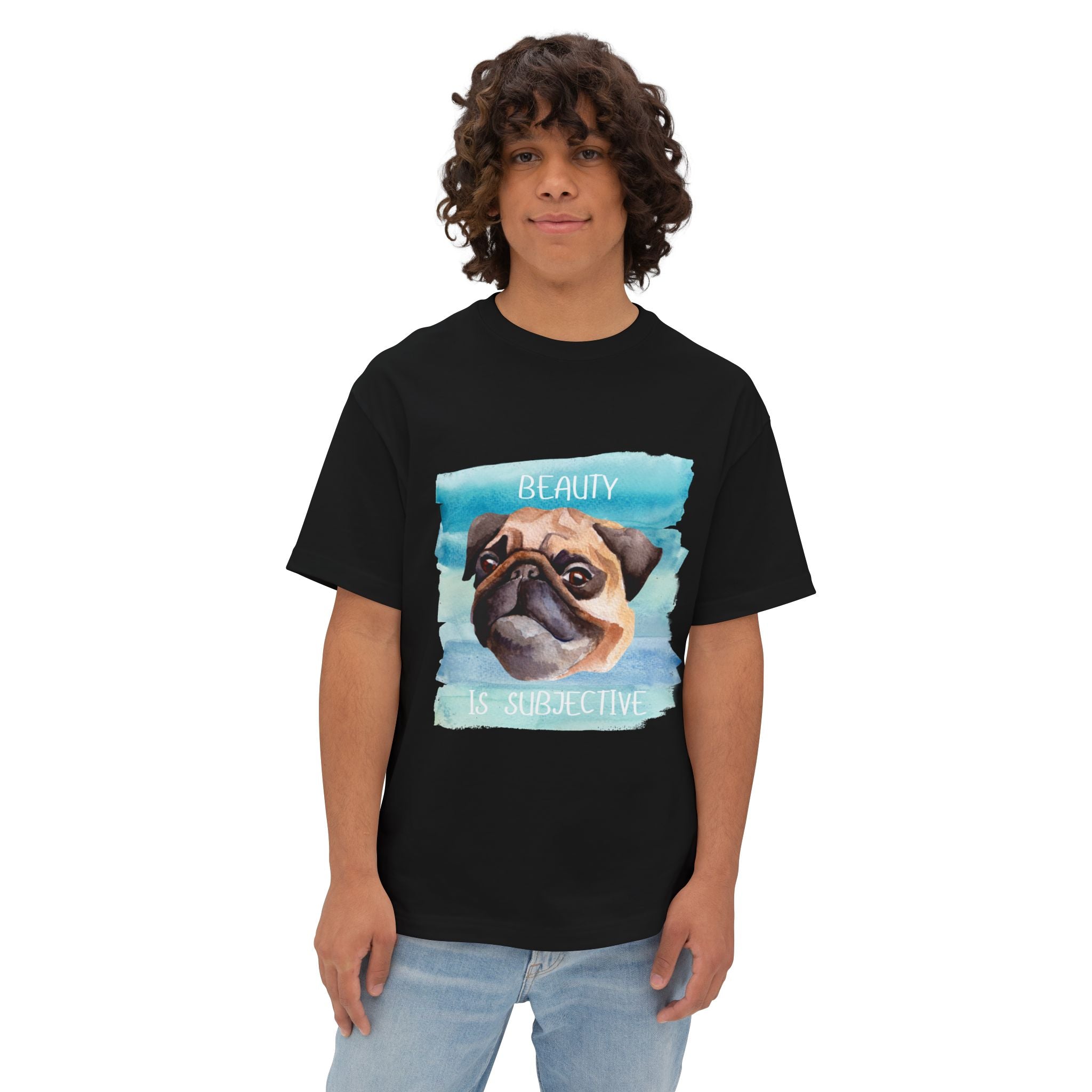 Pug-Inspired Unisex Oversized Tee, "Beauty is Subjective" Graphic Tee, Funny Dog Lover Shirt, Pet Owner Gift, Casual Wear