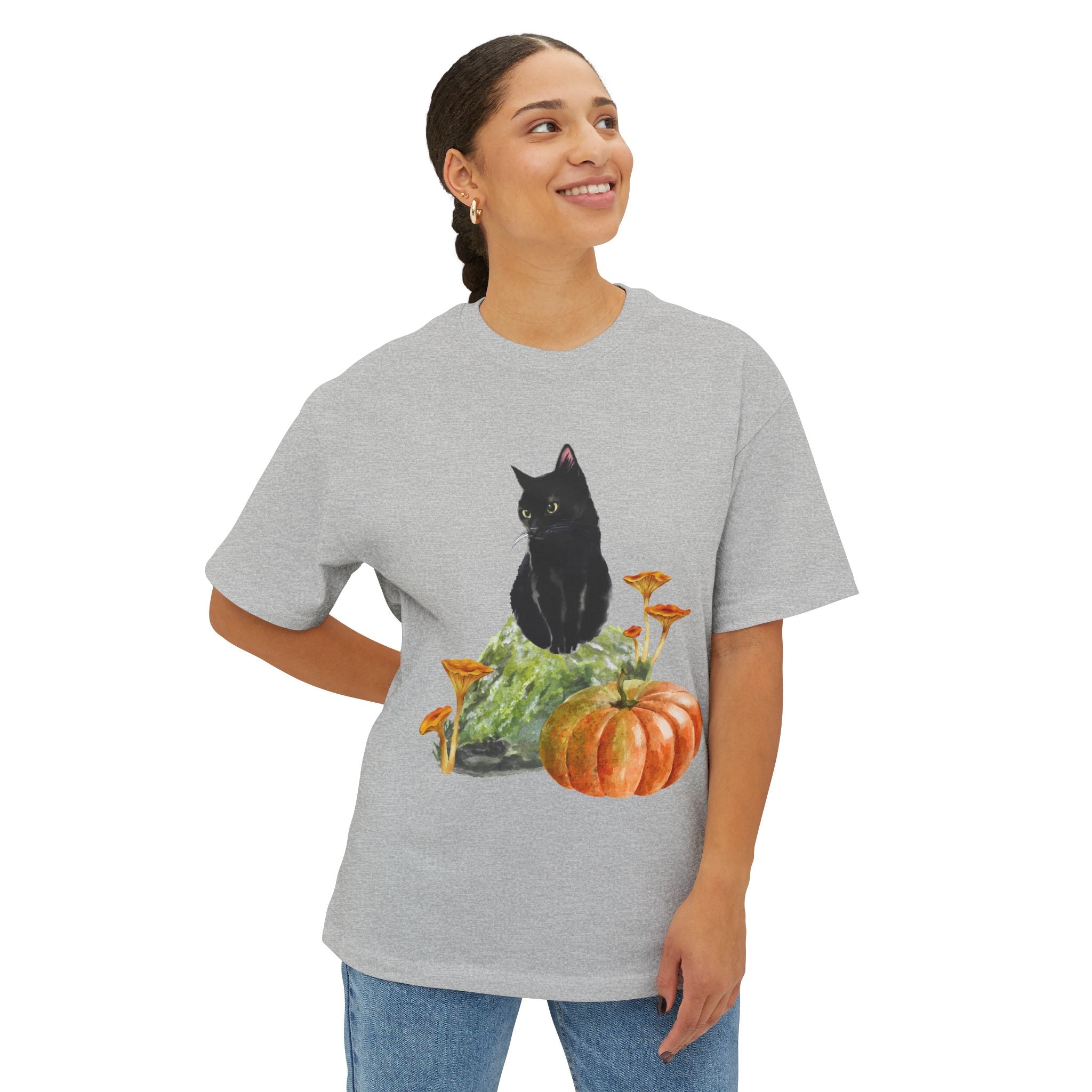 Autumn Cat Oversized Tee, Cozy Fall T-Shirt, Unisex Graphic Tee, Halloween Shirt, Cat Lover Gift