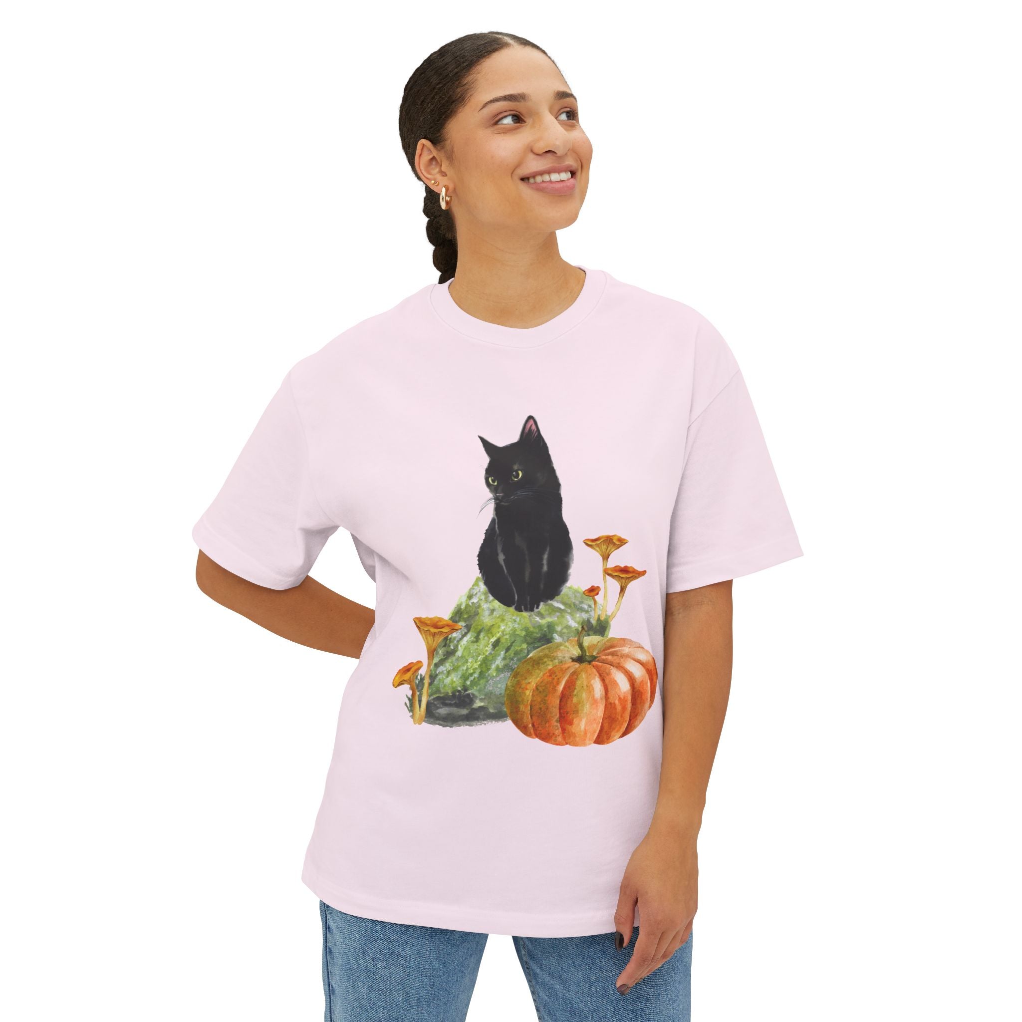 Autumn Cat Oversized Tee, Cozy Fall T-Shirt, Unisex Graphic Tee, Halloween Shirt, Cat Lover Gift