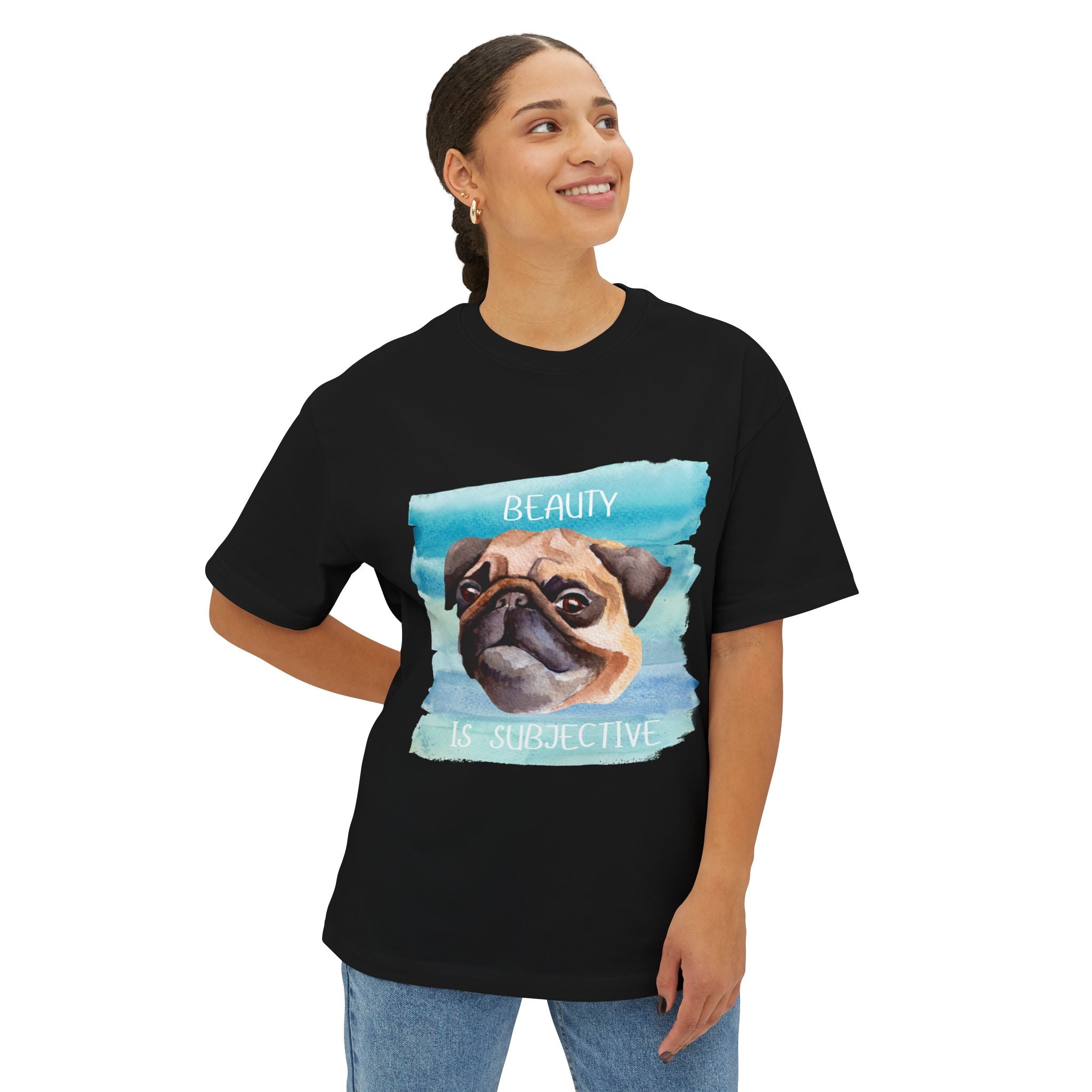 Pug-Inspired Unisex Oversized Tee, "Beauty is Subjective" Graphic Tee, Funny Dog Lover Shirt, Pet Owner Gift, Casual Wear