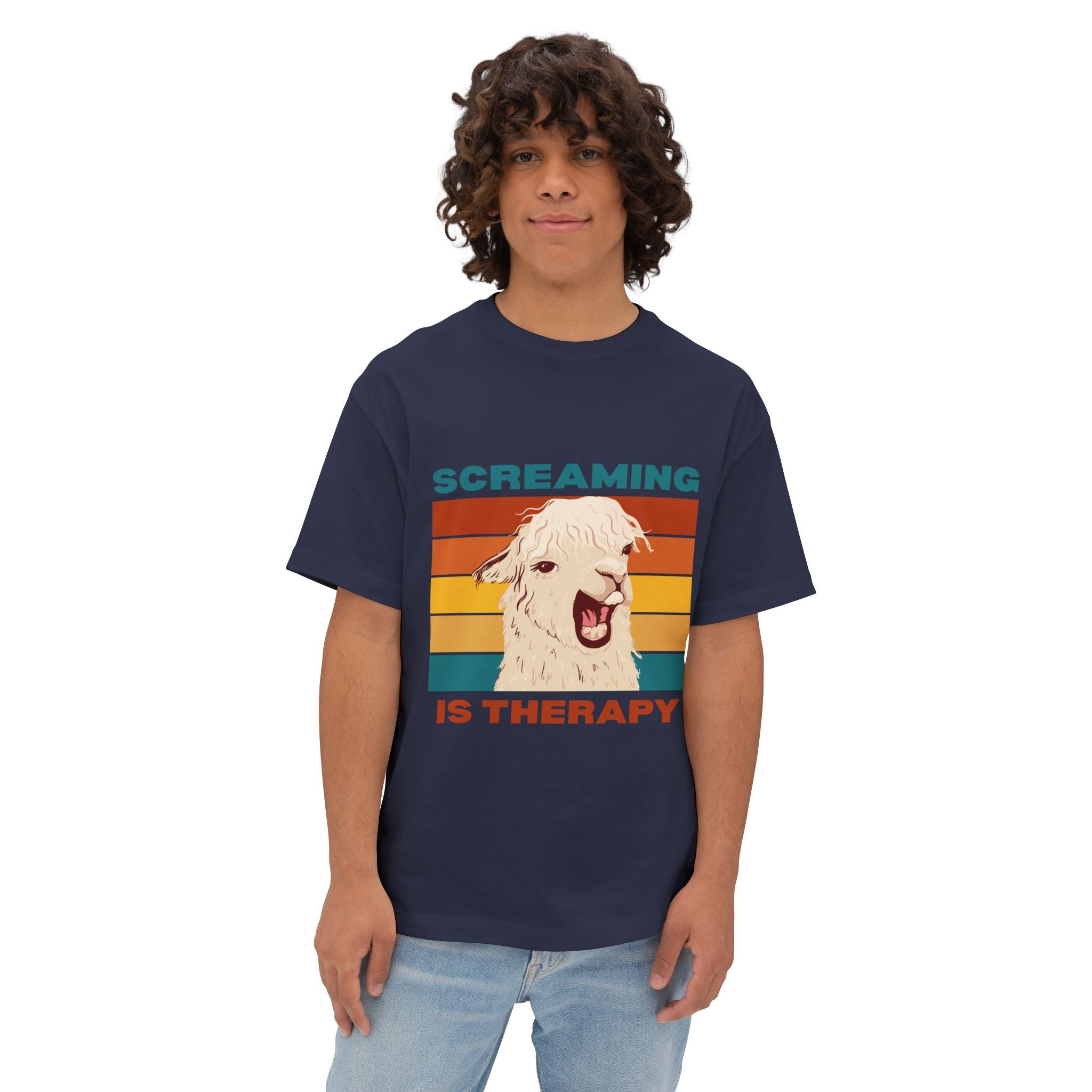 Screaming Is Therapy Tee, Funny T-Shirt, Oversized Boxy Tee, Gift for Friends, Casual Wear, Llama Lover Shirt