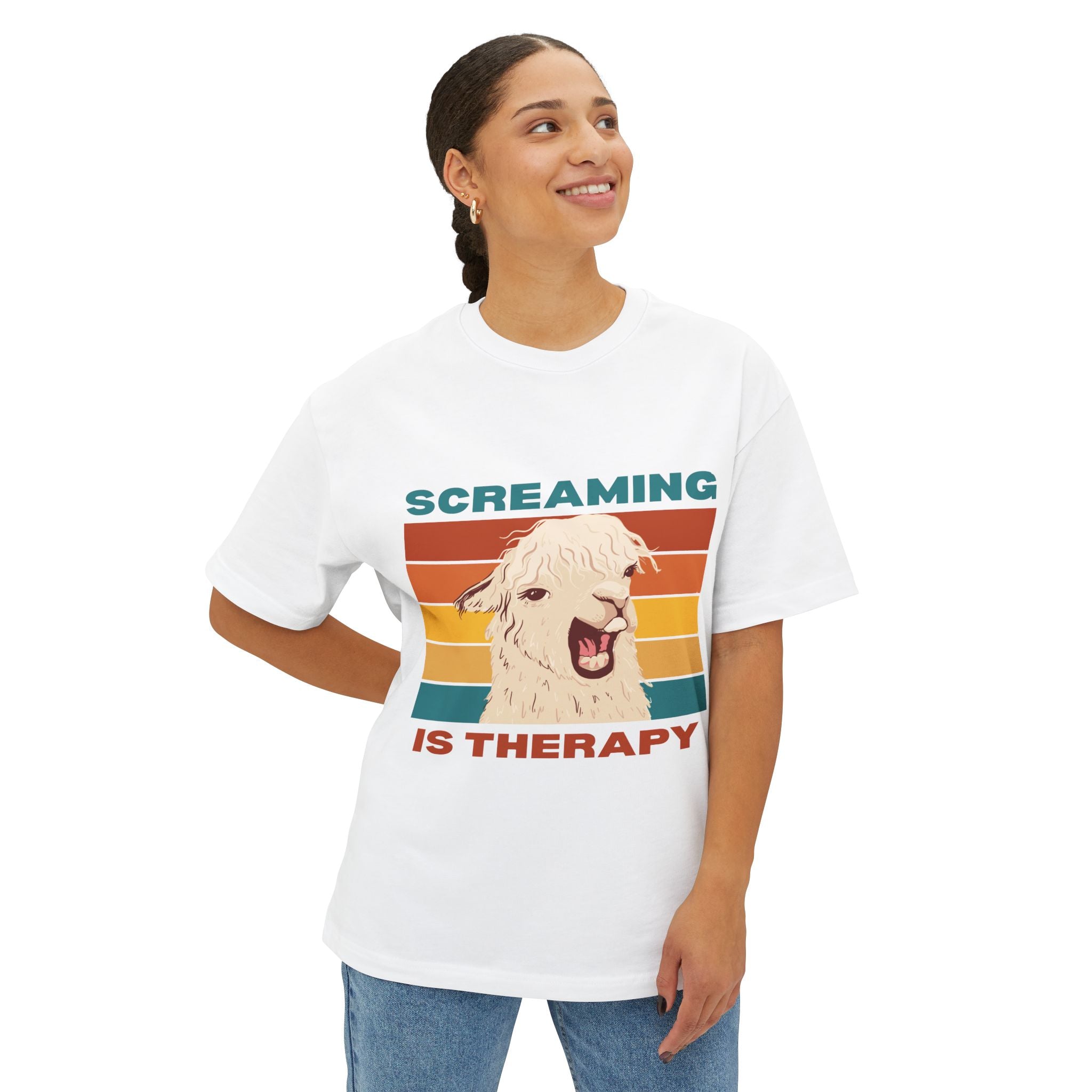 Screaming Is Therapy Tee, Funny T-Shirt, Oversized Boxy Tee, Gift for Friends, Casual Wear, Llama Lover Shirt