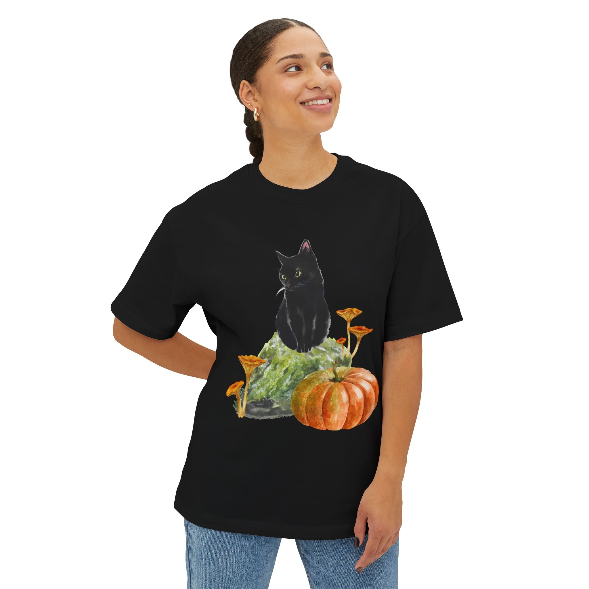 Autumn Cat Oversized Tee, Cozy Fall T-Shirt, Unisex Graphic Tee, Halloween Shirt, Cat Lover Gift