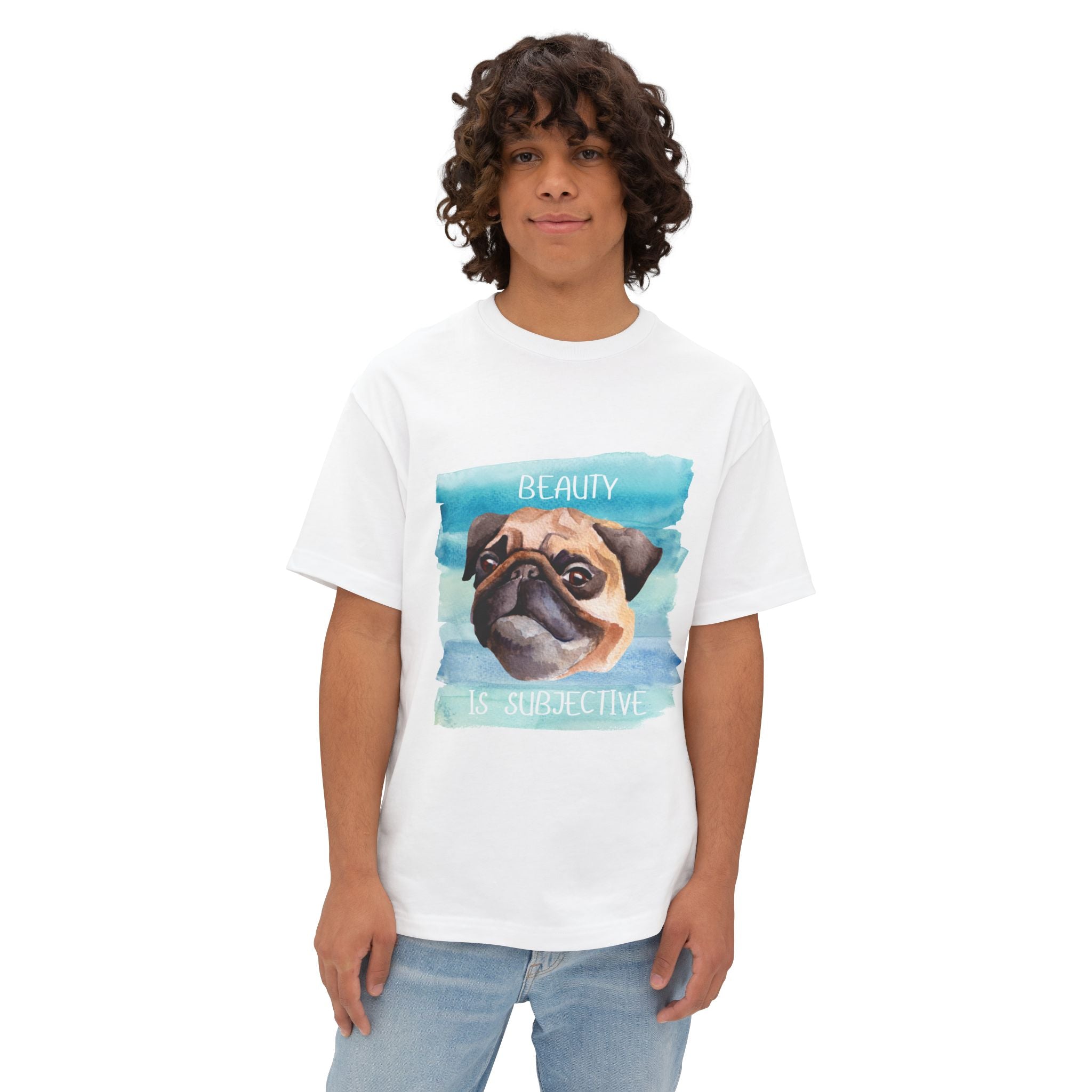 Pug-Inspired Unisex Oversized Tee, "Beauty is Subjective" Graphic Tee, Funny Dog Lover Shirt, Pet Owner Gift, Casual Wear