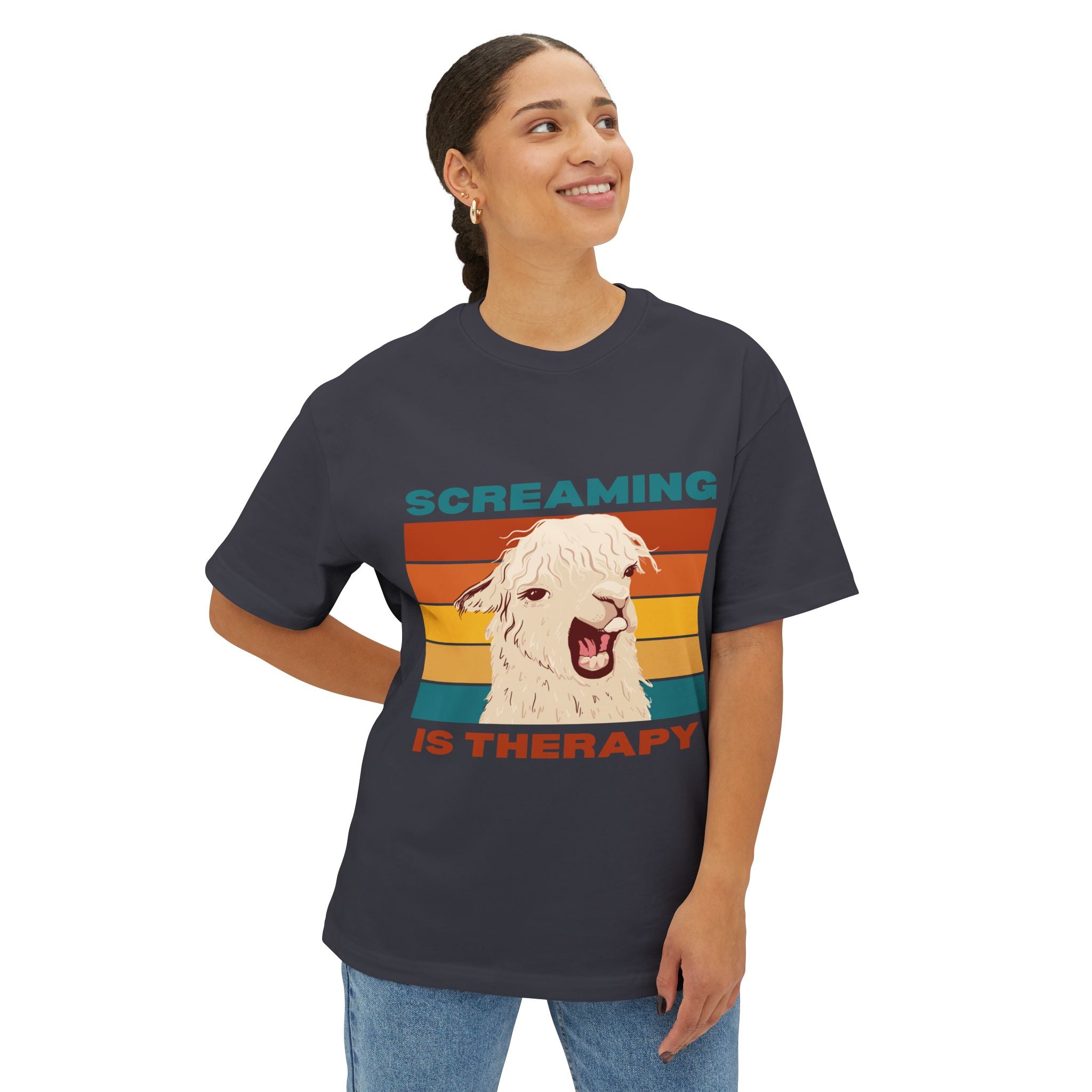Screaming Is Therapy Tee, Funny T-Shirt, Oversized Boxy Tee, Gift for Friends, Casual Wear, Llama Lover Shirt